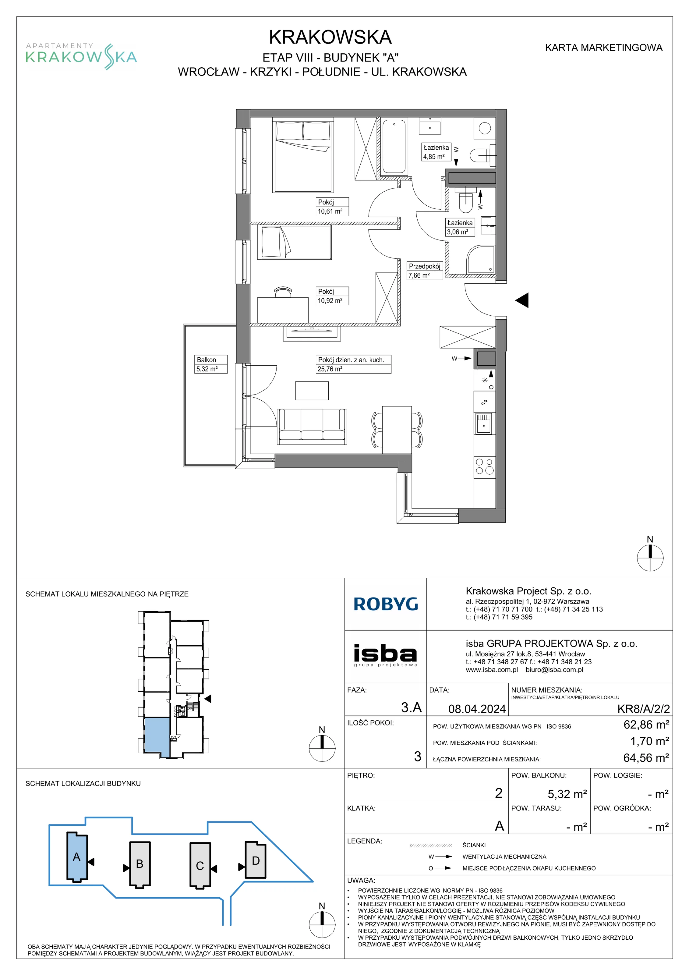 3 pokoje, mieszkanie 62,86 m², piętro 2, oferta nr KR8/A/2/2, Apartamenty Krakowska, Wrocław, Przedmieście Oławskie, Krzyki, ul. Krakowska