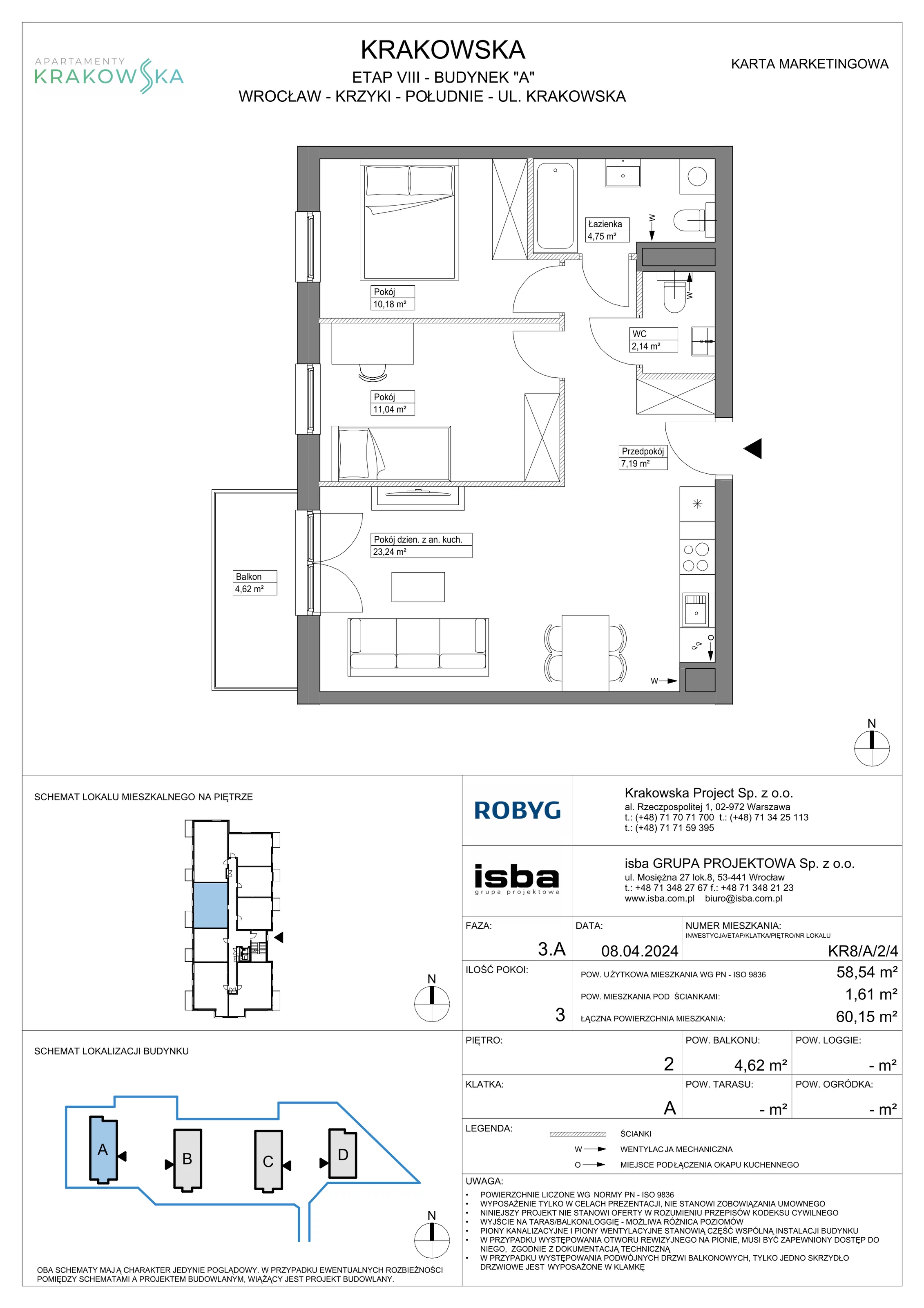 3 pokoje, mieszkanie 58,54 m², piętro 2, oferta nr KR8/A/2/4, Apartamenty Krakowska, Wrocław, Przedmieście Oławskie, Krzyki, ul. Krakowska