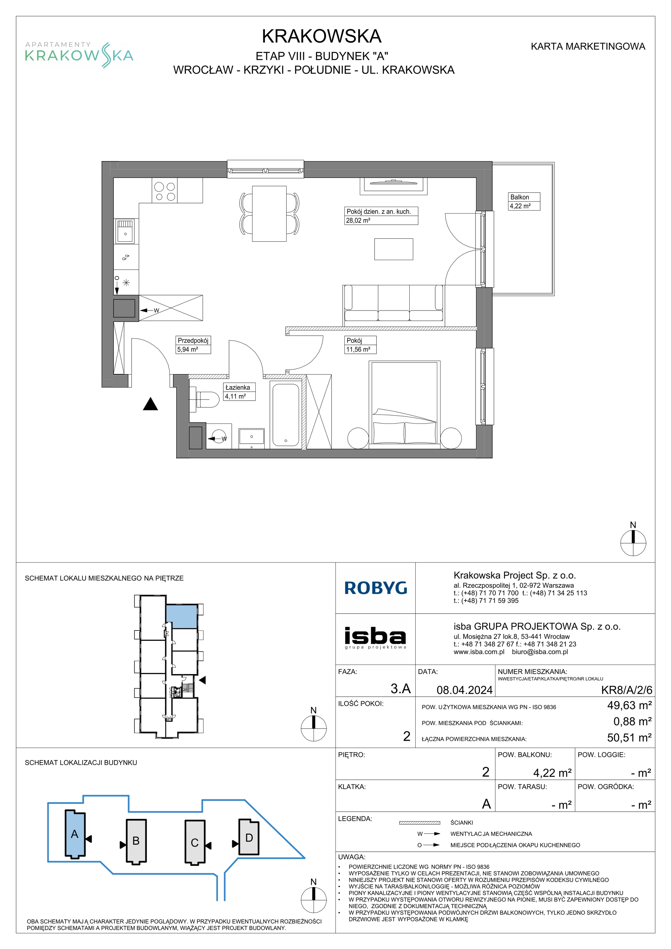 2 pokoje, mieszkanie 49,63 m², piętro 2, oferta nr KR8/A/2/6, Apartamenty Krakowska, Wrocław, Przedmieście Oławskie, Krzyki, ul. Krakowska