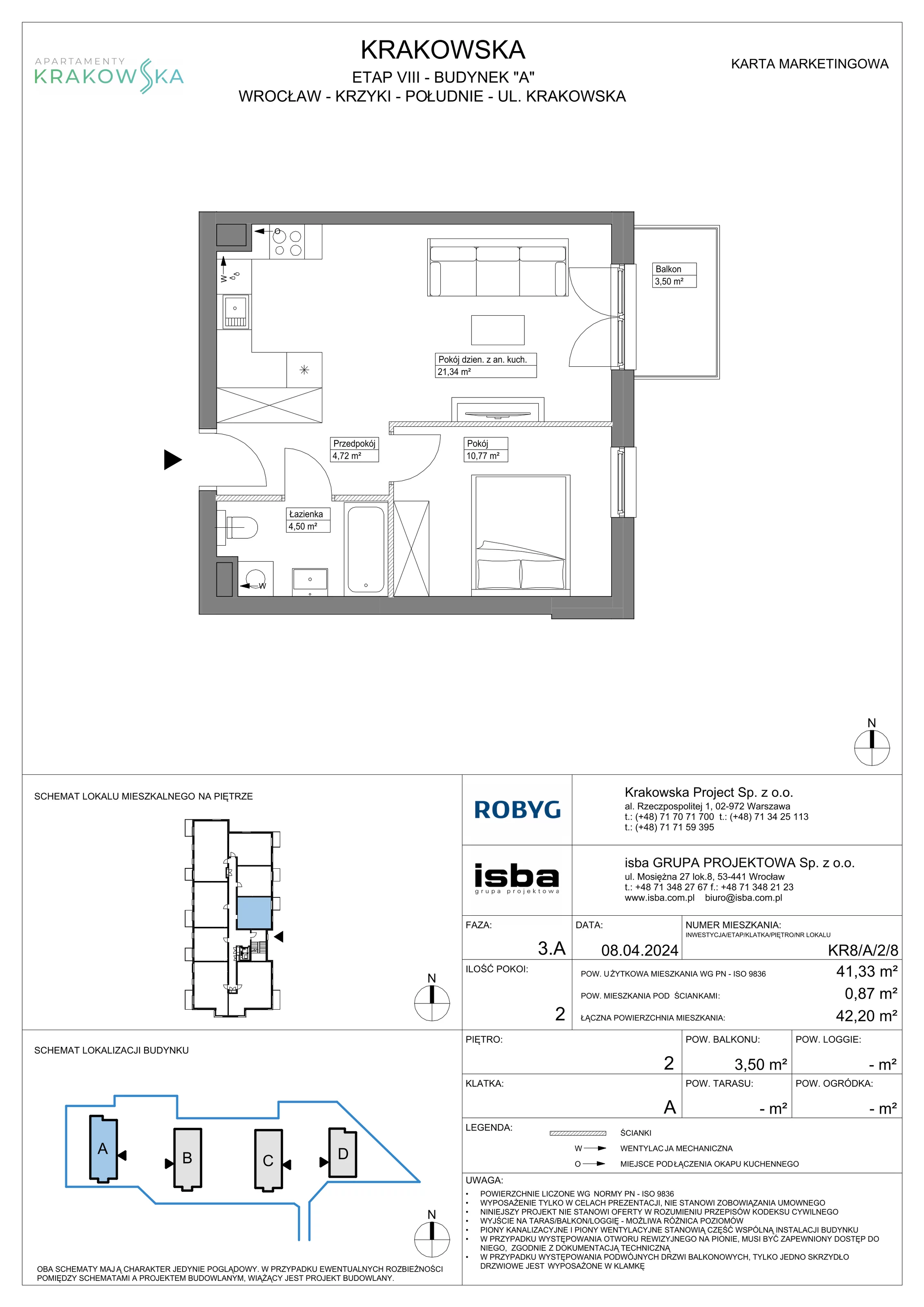 2 pokoje, mieszkanie 41,33 m², piętro 2, oferta nr KR8/A/2/8, Apartamenty Krakowska, Wrocław, Przedmieście Oławskie, Krzyki, ul. Krakowska