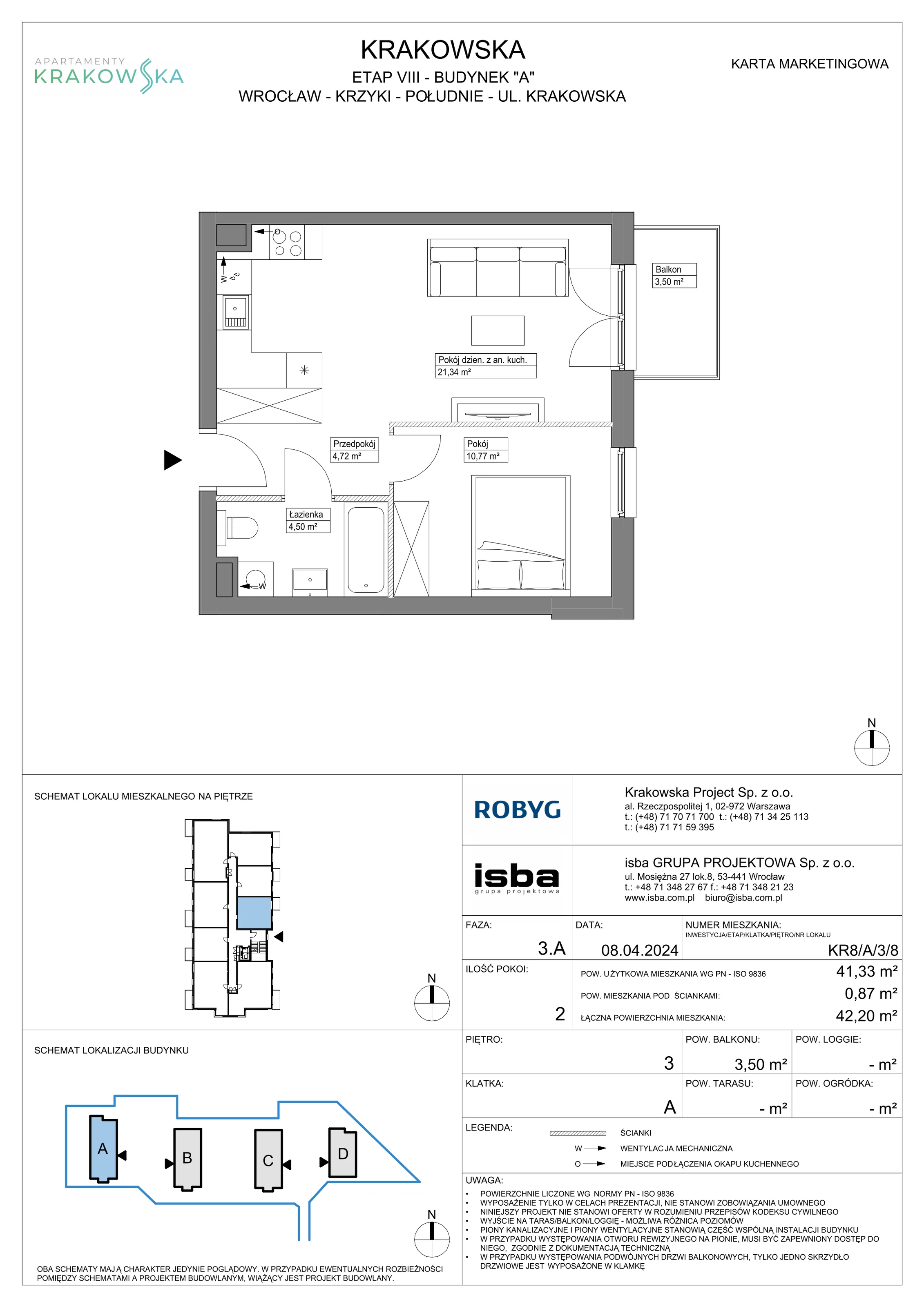 2 pokoje, mieszkanie 41,33 m², piętro 3, oferta nr KR8/A/3/8, Apartamenty Krakowska, Wrocław, Przedmieście Oławskie, Krzyki, ul. Krakowska