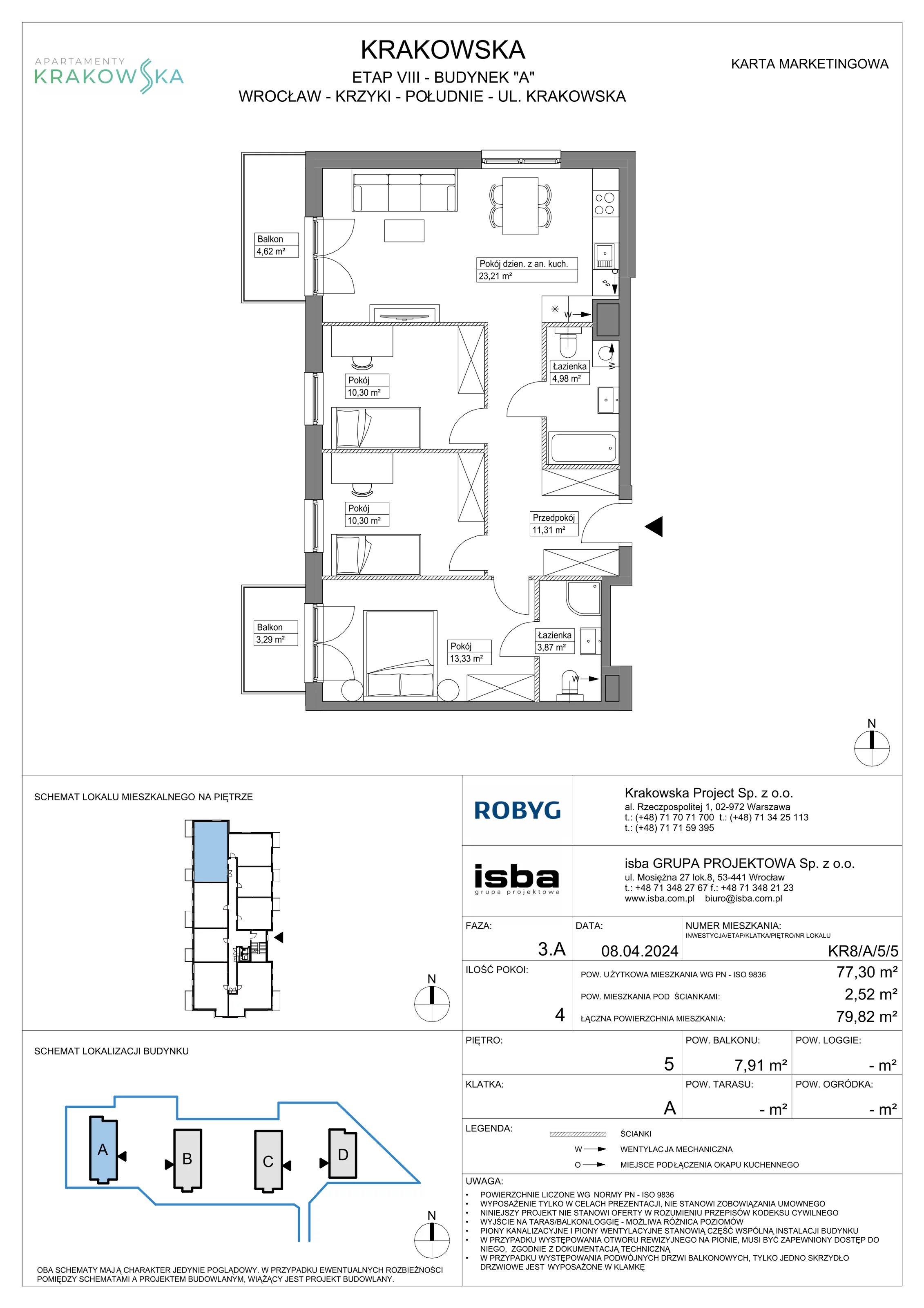 4 pokoje, mieszkanie 77,30 m², piętro 5, oferta nr KR8/A/5/5, Apartamenty Krakowska, Wrocław, Przedmieście Oławskie, Krzyki, ul. Krakowska