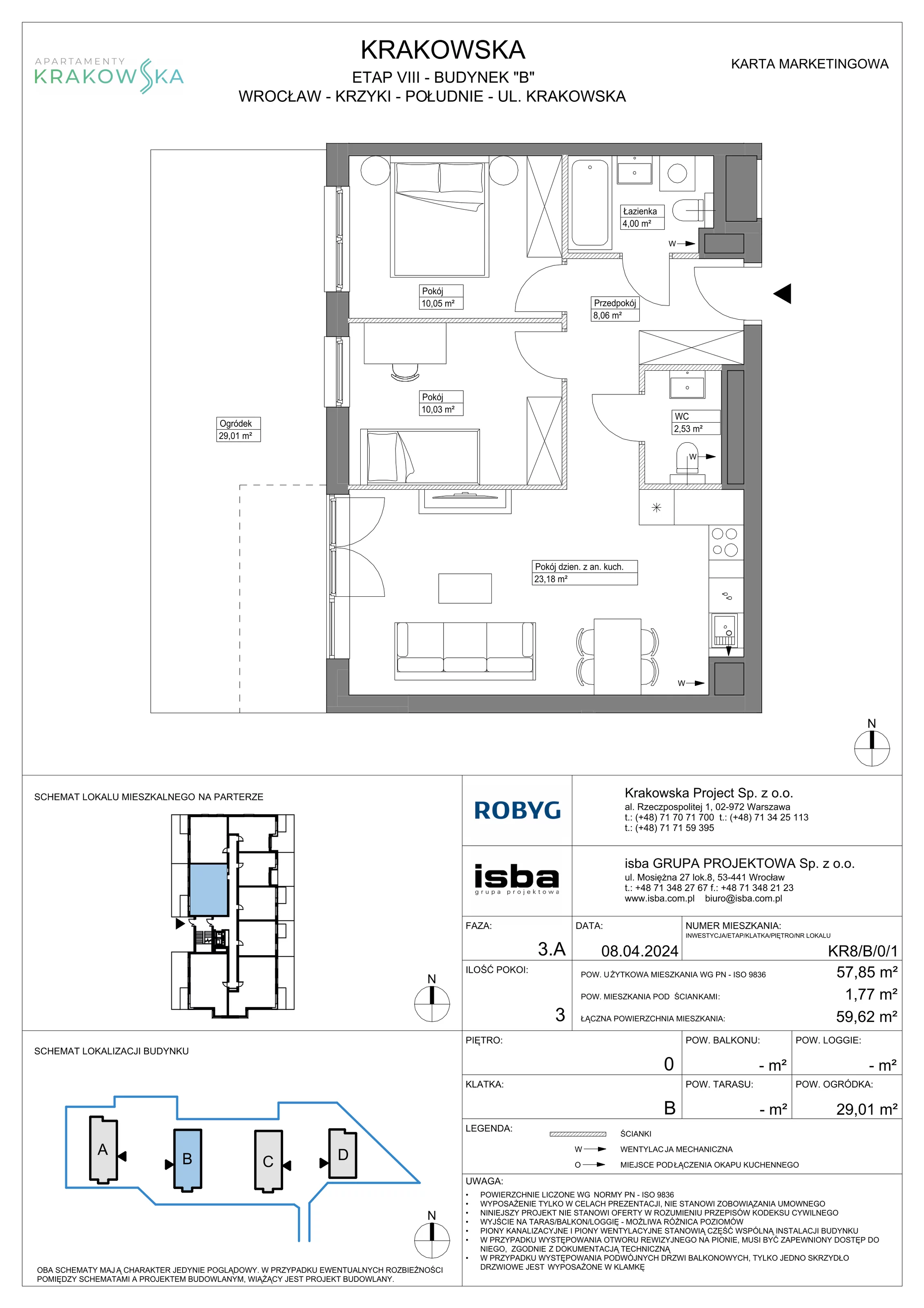 3 pokoje, mieszkanie 57,85 m², parter, oferta nr KR8/B/0/1, Apartamenty Krakowska, Wrocław, Przedmieście Oławskie, Krzyki, ul. Krakowska