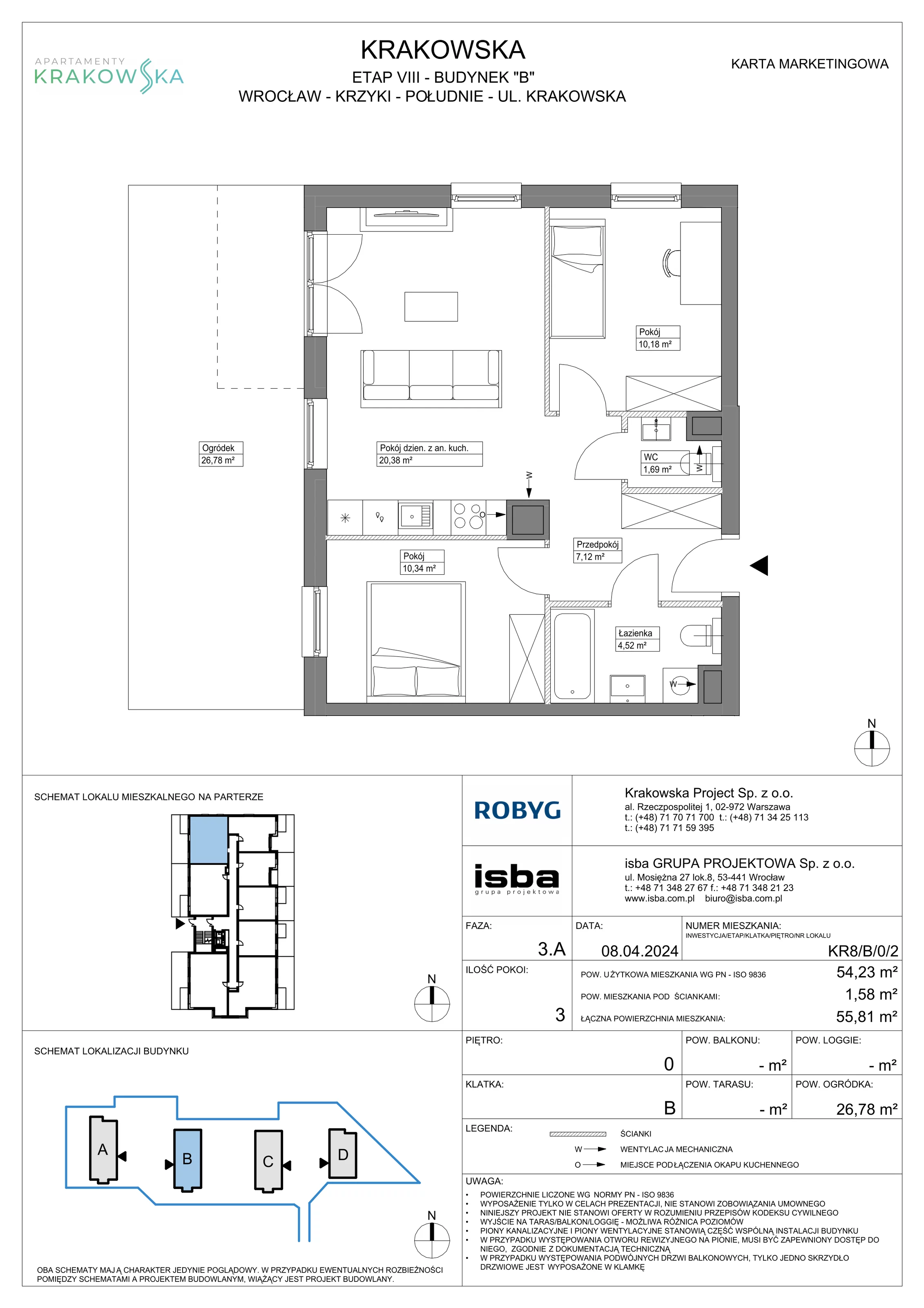 3 pokoje, mieszkanie 54,23 m², parter, oferta nr KR8/B/0/2, Apartamenty Krakowska, Wrocław, Przedmieście Oławskie, Krzyki, ul. Krakowska