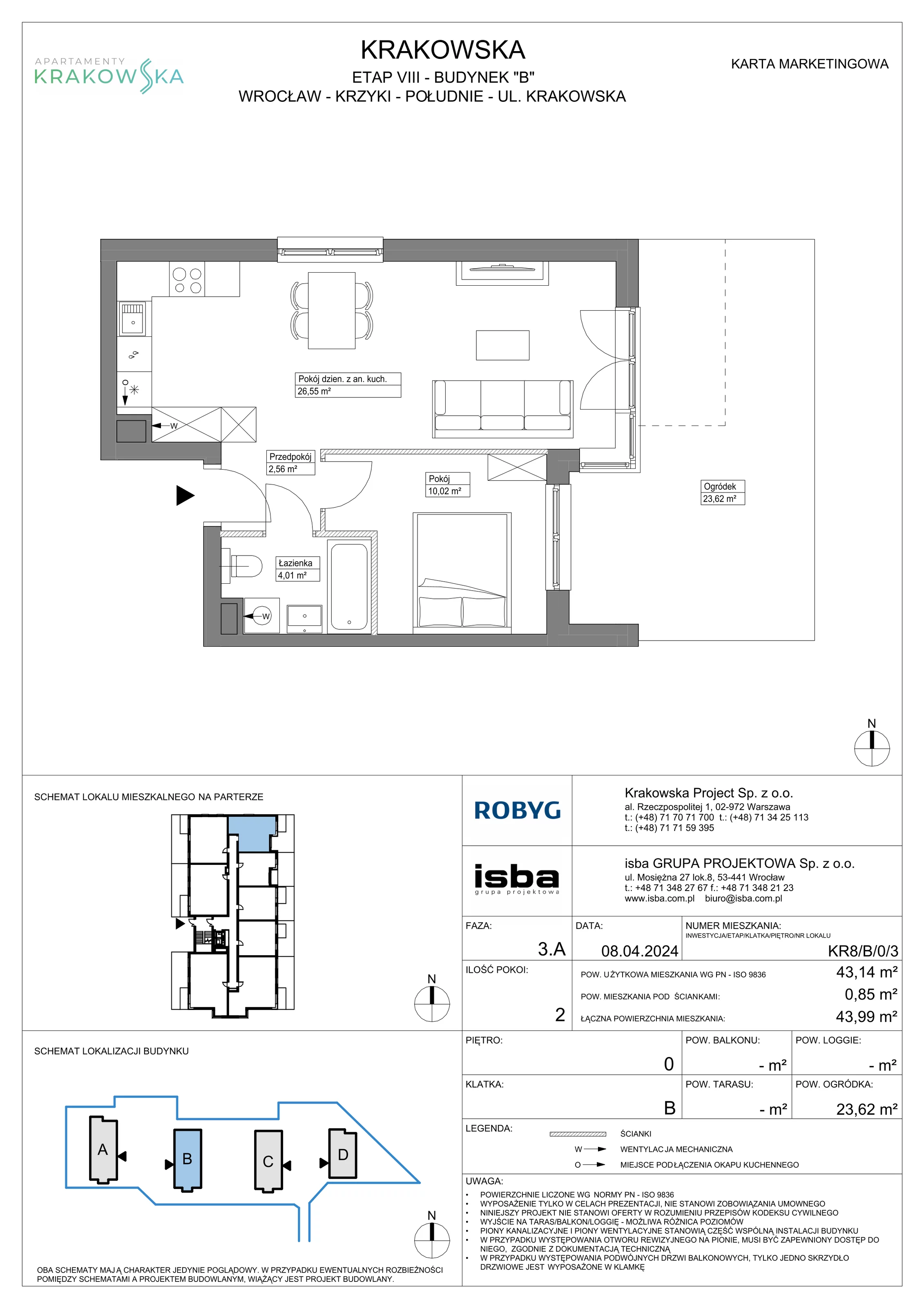 2 pokoje, mieszkanie 43,14 m², parter, oferta nr KR8/B/0/3, Apartamenty Krakowska, Wrocław, Przedmieście Oławskie, Krzyki, ul. Krakowska