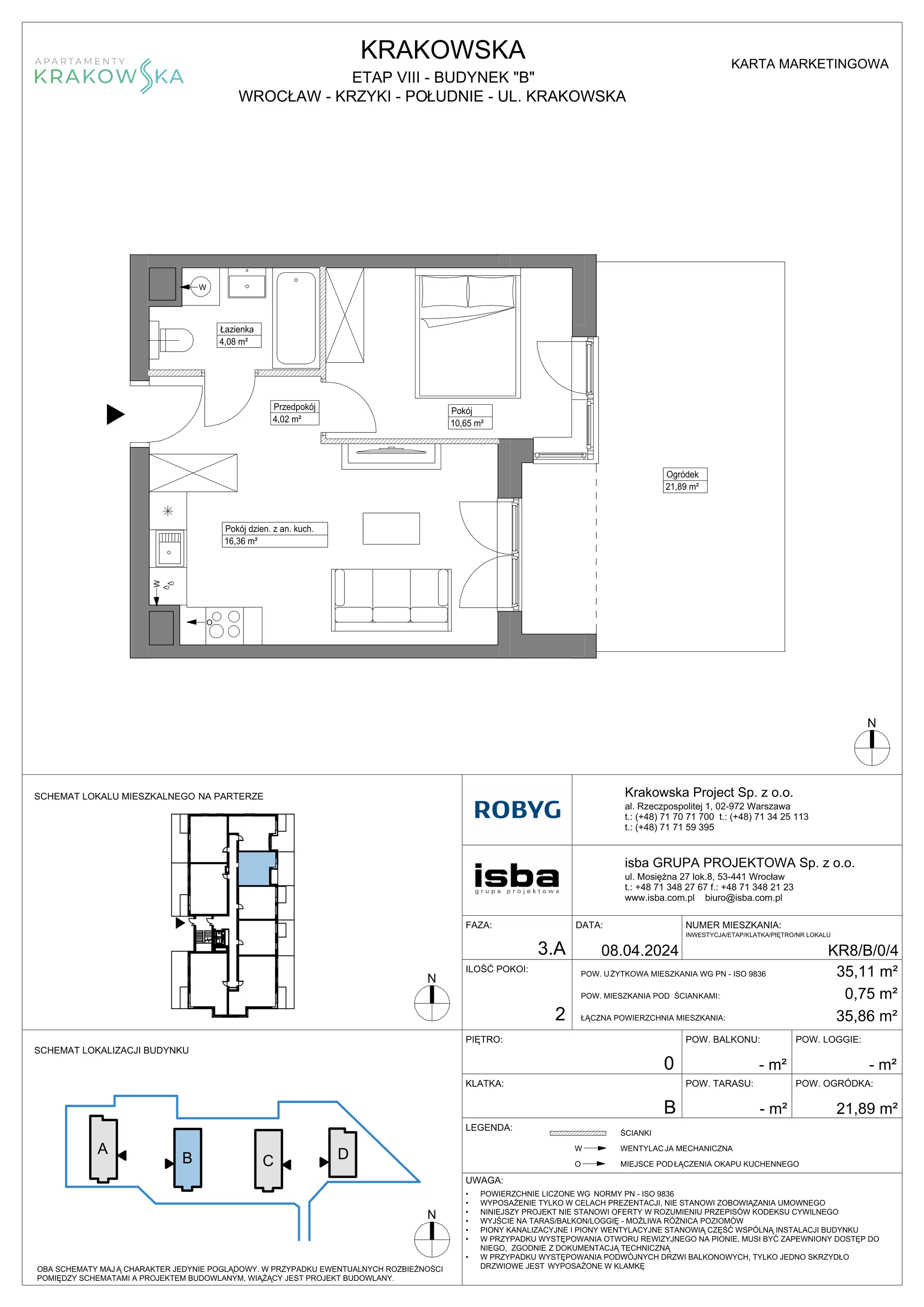 2 pokoje, mieszkanie 35,11 m², parter, oferta nr KR8/B/0/4, Apartamenty Krakowska, Wrocław, Przedmieście Oławskie, Krzyki, ul. Krakowska
