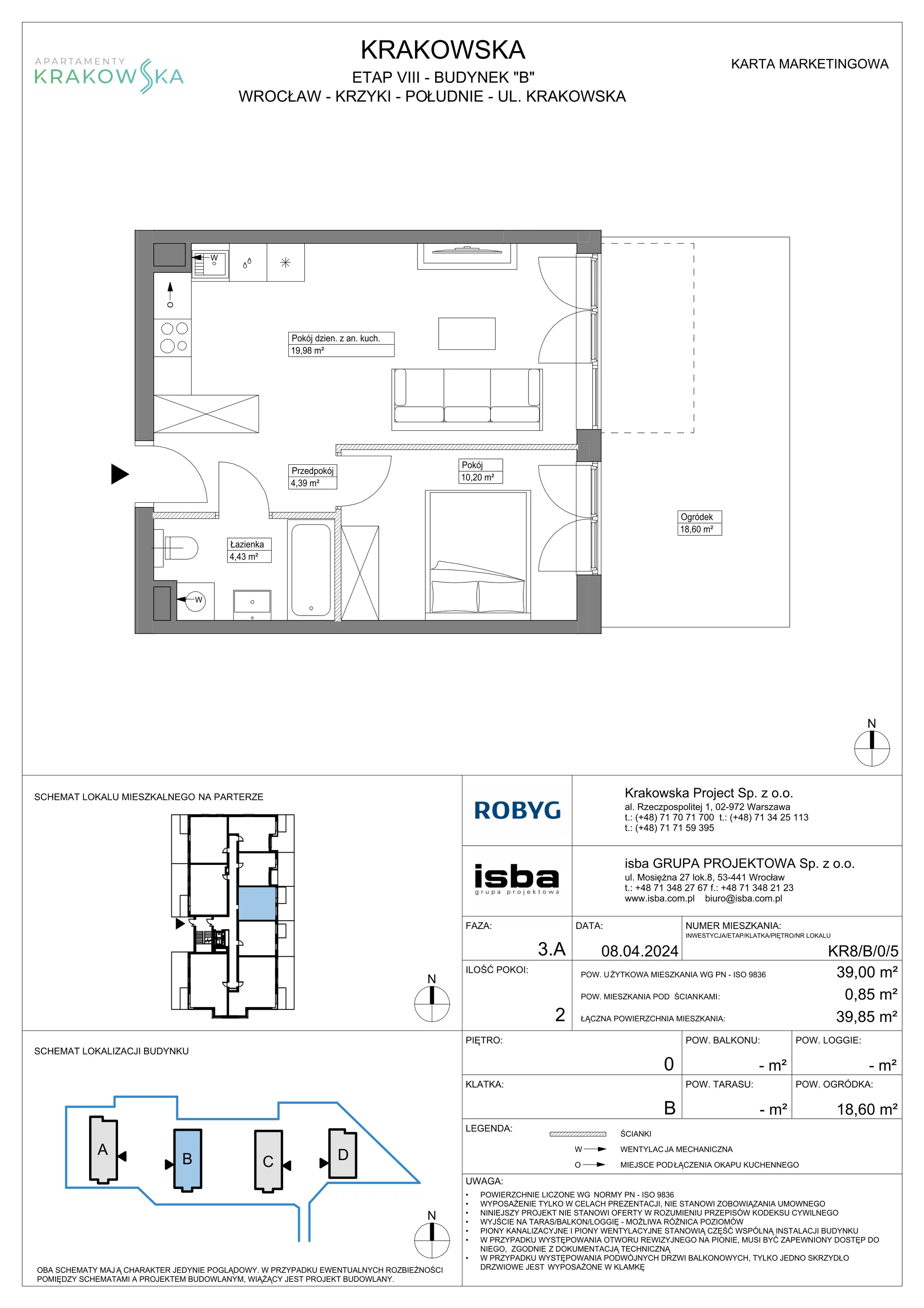 Mieszkanie 39,00 m², parter, oferta nr KR8/B/0/5, Apartamenty Krakowska, Wrocław, Przedmieście Oławskie, Krzyki, ul. Krakowska