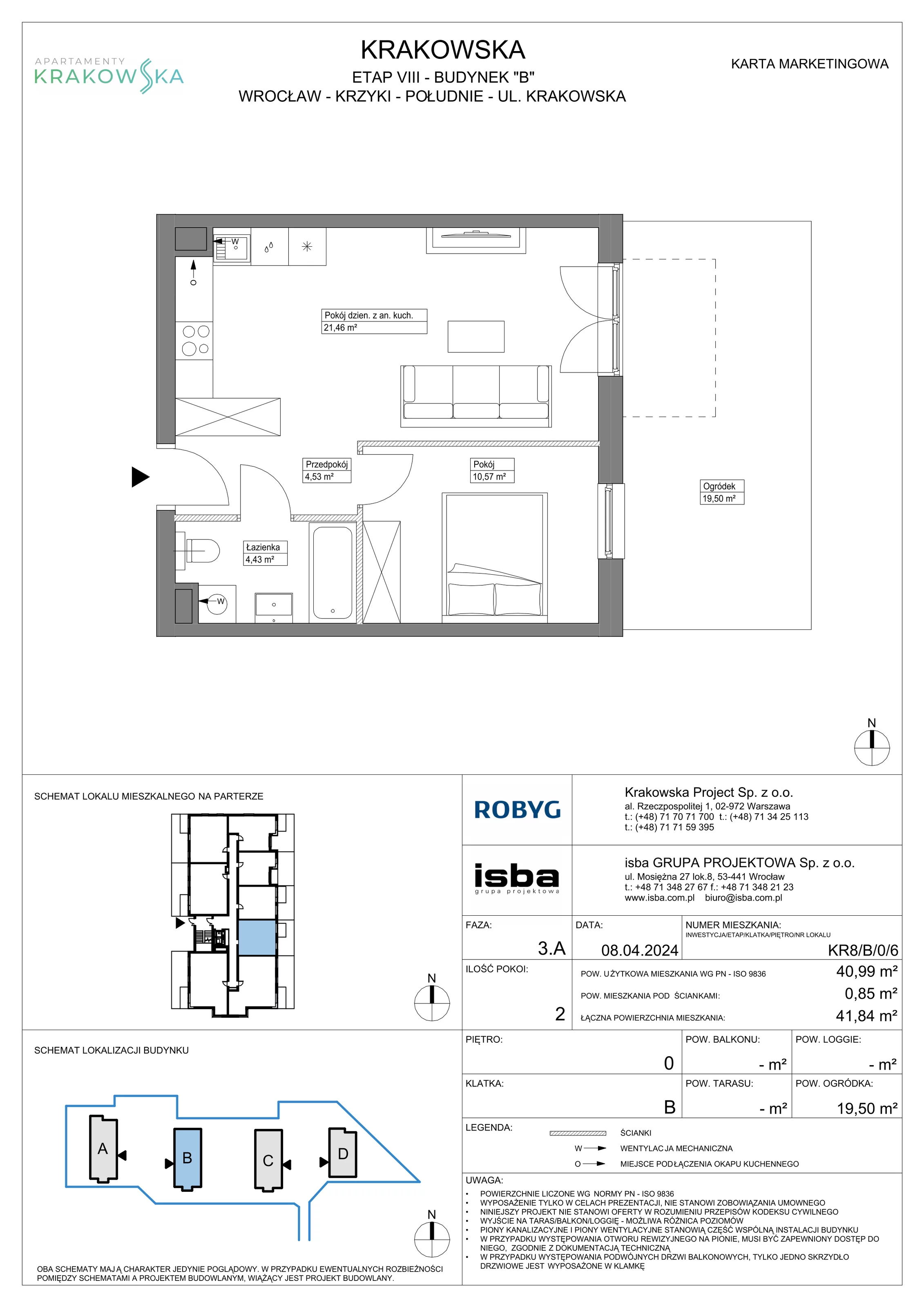 2 pokoje, mieszkanie 40,99 m², parter, oferta nr KR8/B/0/6, Apartamenty Krakowska, Wrocław, Przedmieście Oławskie, Krzyki, ul. Krakowska