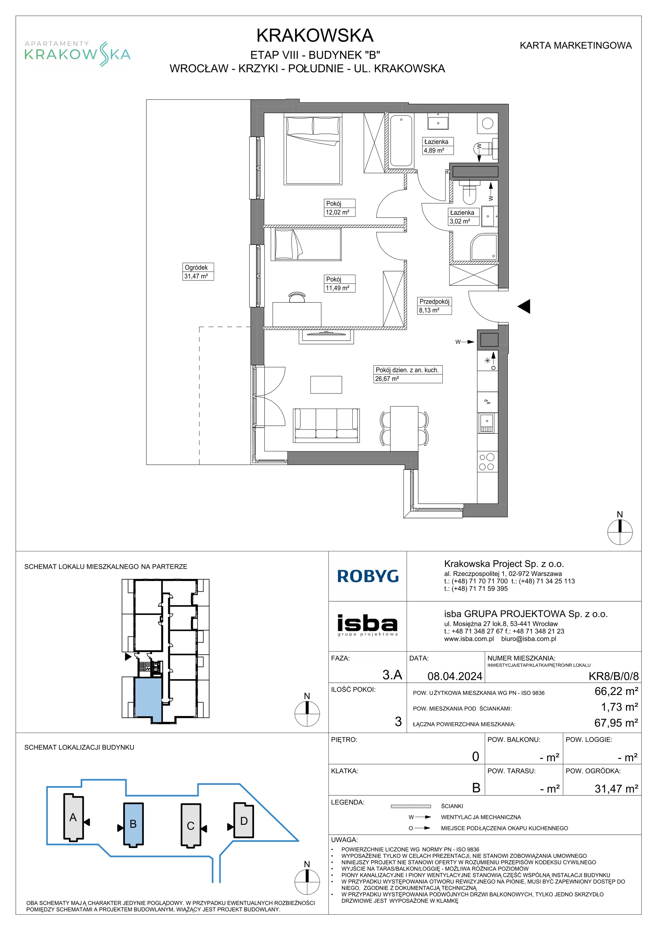 3 pokoje, mieszkanie 66,22 m², parter, oferta nr KR8/B/0/8, Apartamenty Krakowska, Wrocław, Przedmieście Oławskie, Krzyki, ul. Krakowska