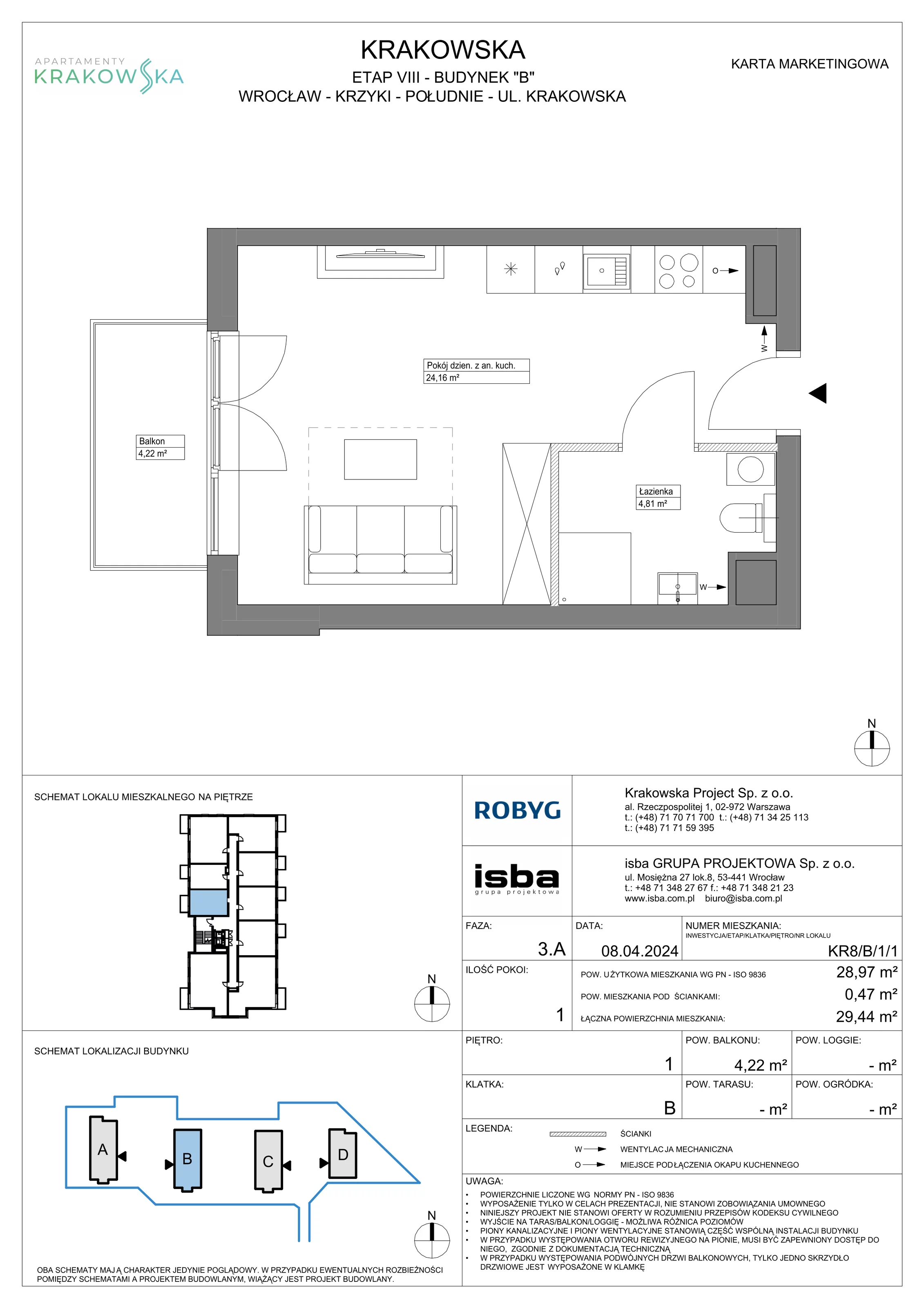 Mieszkanie 28,97 m², piętro 1, oferta nr KR8/B/1/1, Apartamenty Krakowska, Wrocław, Przedmieście Oławskie, Krzyki, ul. Krakowska