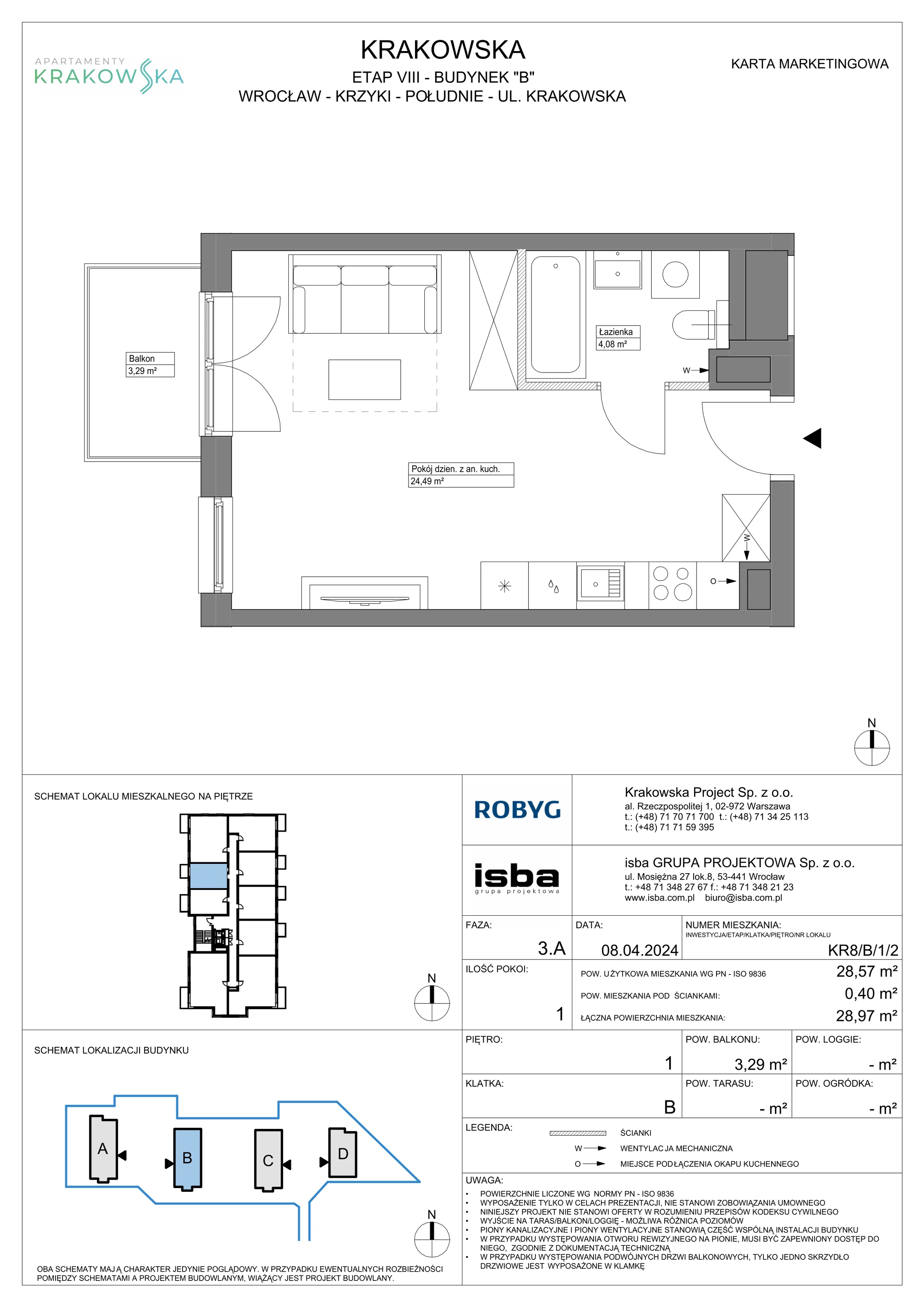 Mieszkanie 28,57 m², piętro 1, oferta nr KR8/B/1/2, Apartamenty Krakowska, Wrocław, Przedmieście Oławskie, Krzyki, ul. Krakowska