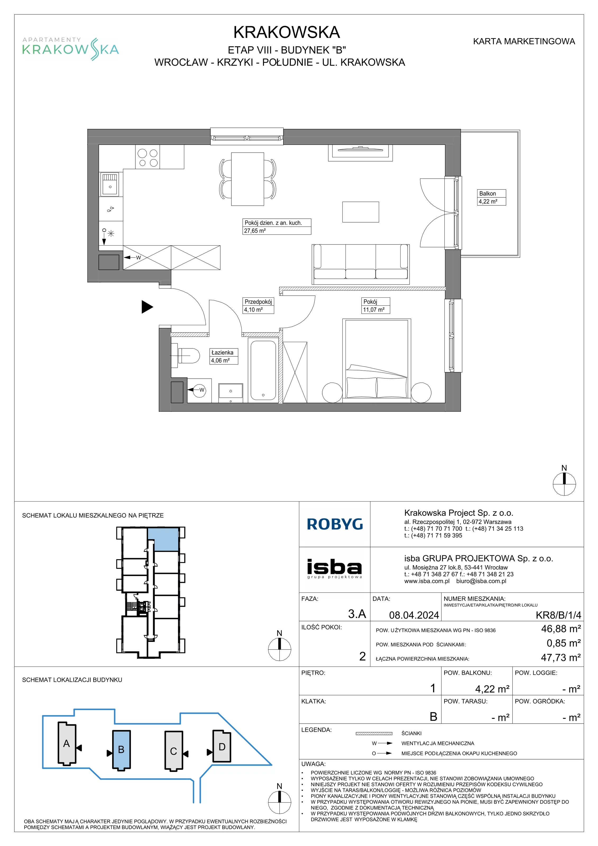 2 pokoje, mieszkanie 46,88 m², piętro 1, oferta nr KR8/B/1/4, Apartamenty Krakowska, Wrocław, Przedmieście Oławskie, Krzyki, ul. Krakowska