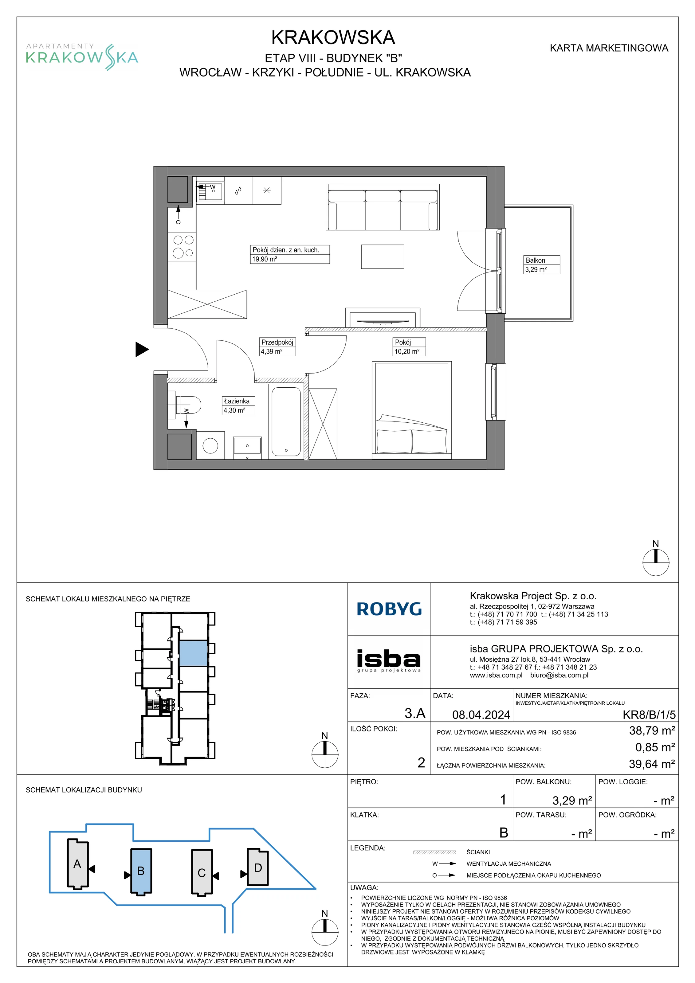 Mieszkanie 38,79 m², piętro 1, oferta nr KR8/B/1/5, Apartamenty Krakowska, Wrocław, Przedmieście Oławskie, Krzyki, ul. Krakowska