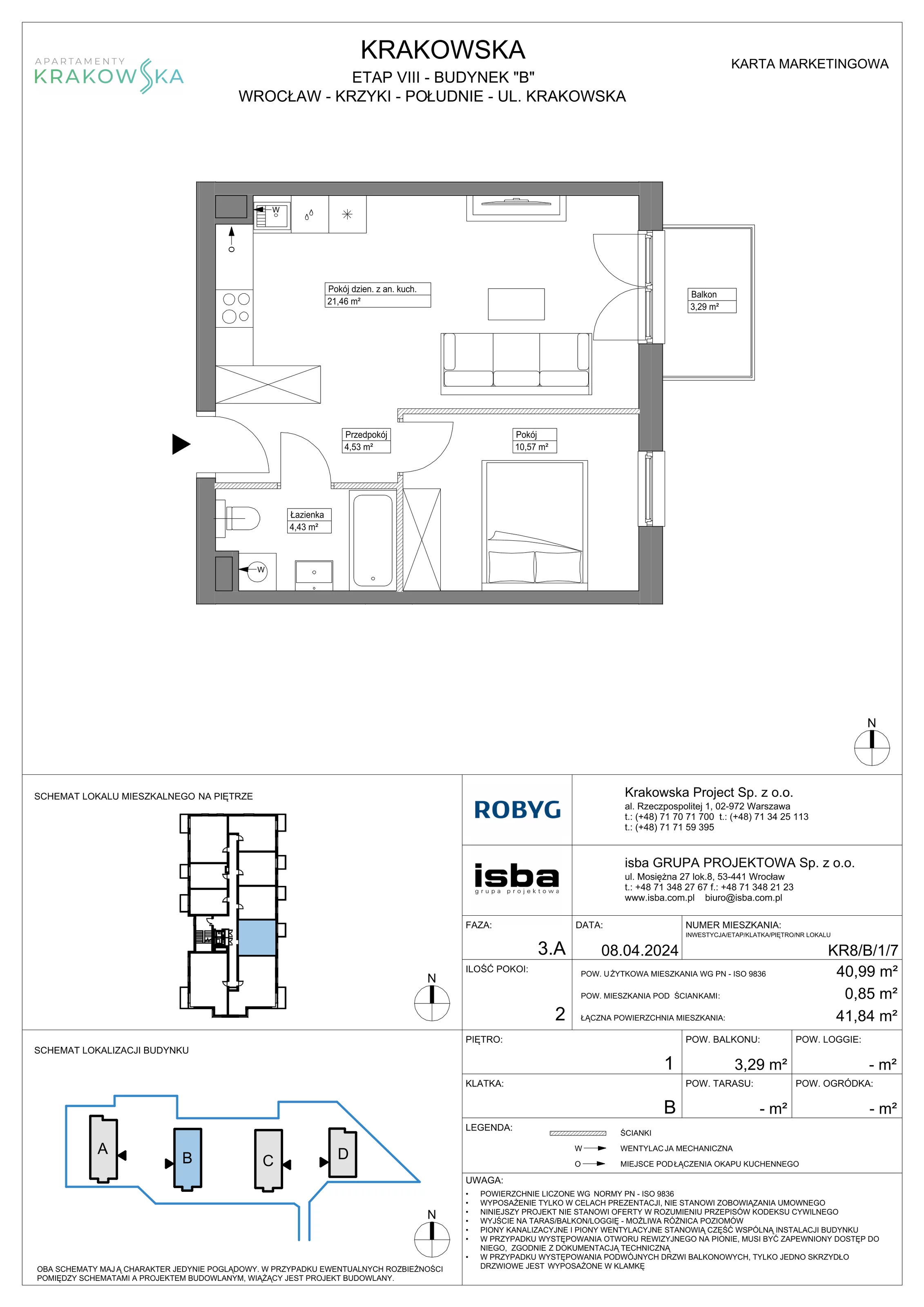 2 pokoje, mieszkanie 40,99 m², piętro 1, oferta nr KR8/B/1/7, Apartamenty Krakowska, Wrocław, Przedmieście Oławskie, Krzyki, ul. Krakowska