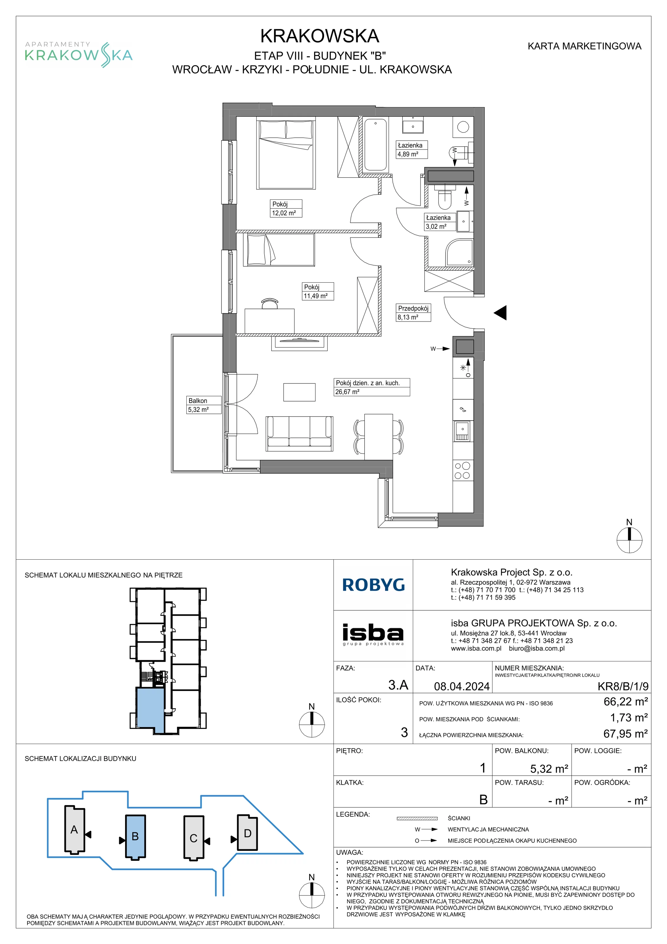 3 pokoje, mieszkanie 66,22 m², piętro 1, oferta nr KR8/B/1/9, Apartamenty Krakowska, Wrocław, Przedmieście Oławskie, Krzyki, ul. Krakowska