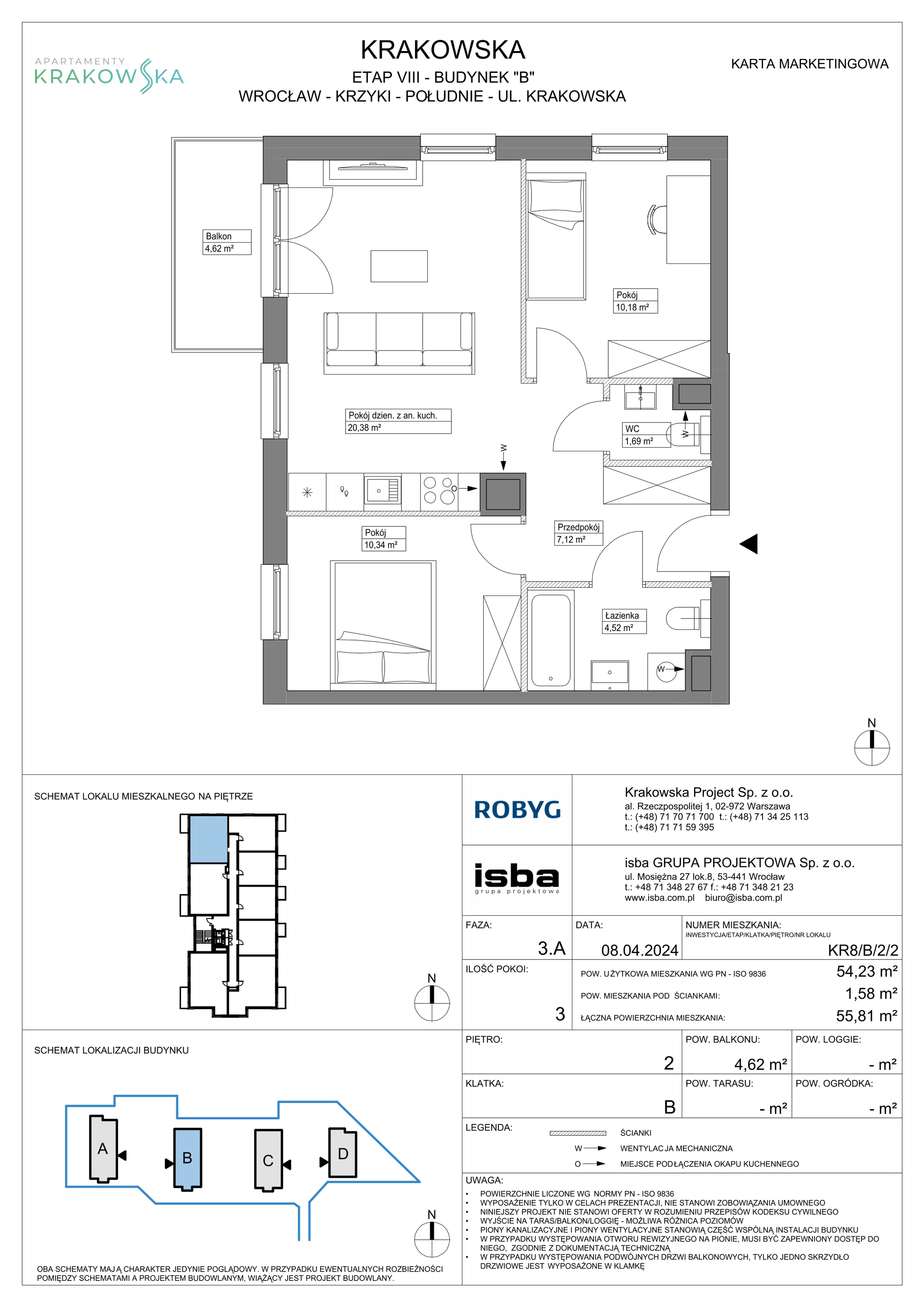 3 pokoje, mieszkanie 54,23 m², piętro 2, oferta nr KR8/B/2/2, Apartamenty Krakowska, Wrocław, Przedmieście Oławskie, Krzyki, ul. Krakowska