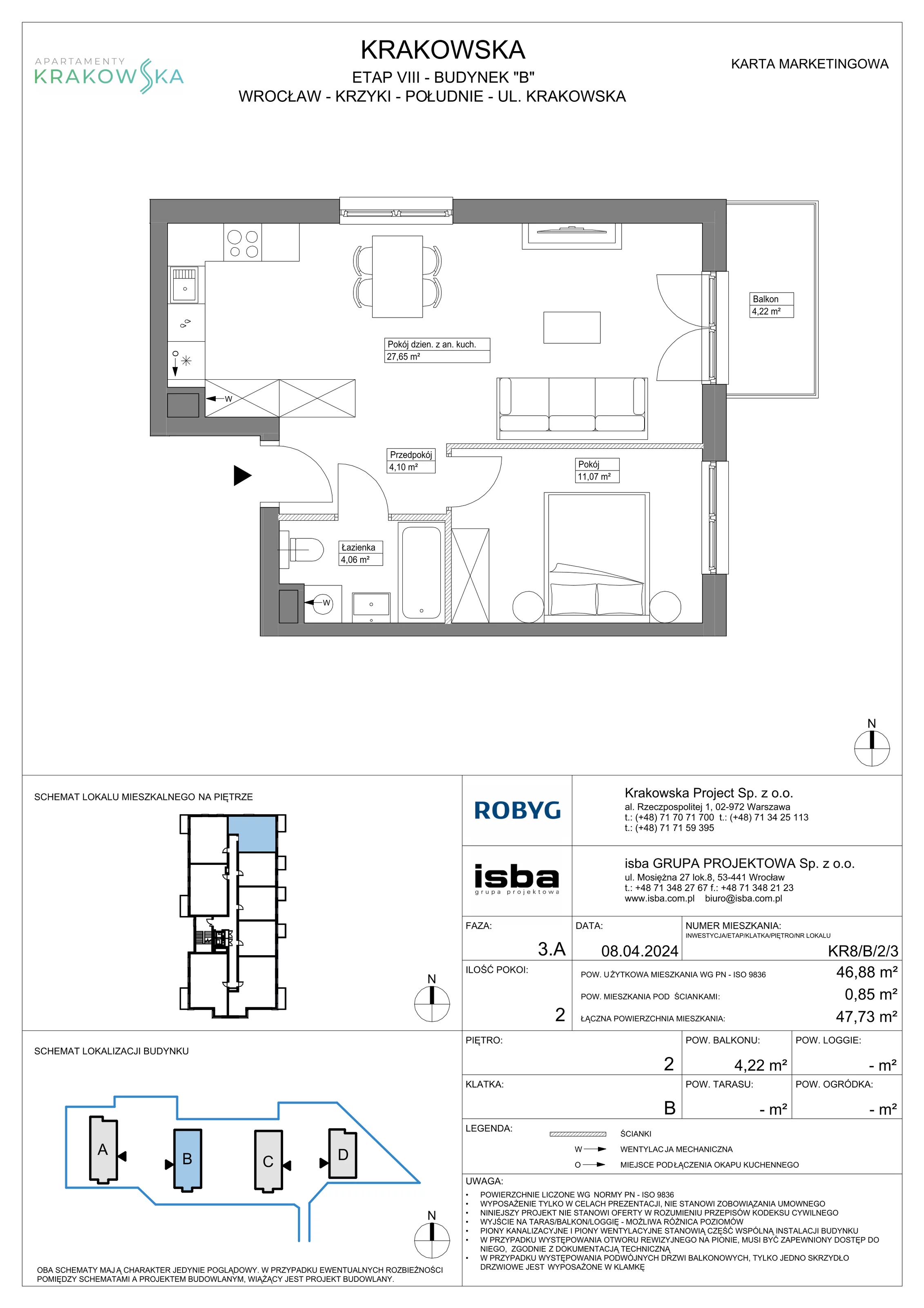 2 pokoje, mieszkanie 46,88 m², piętro 2, oferta nr KR8/B/2/3, Apartamenty Krakowska, Wrocław, Przedmieście Oławskie, Krzyki, ul. Krakowska