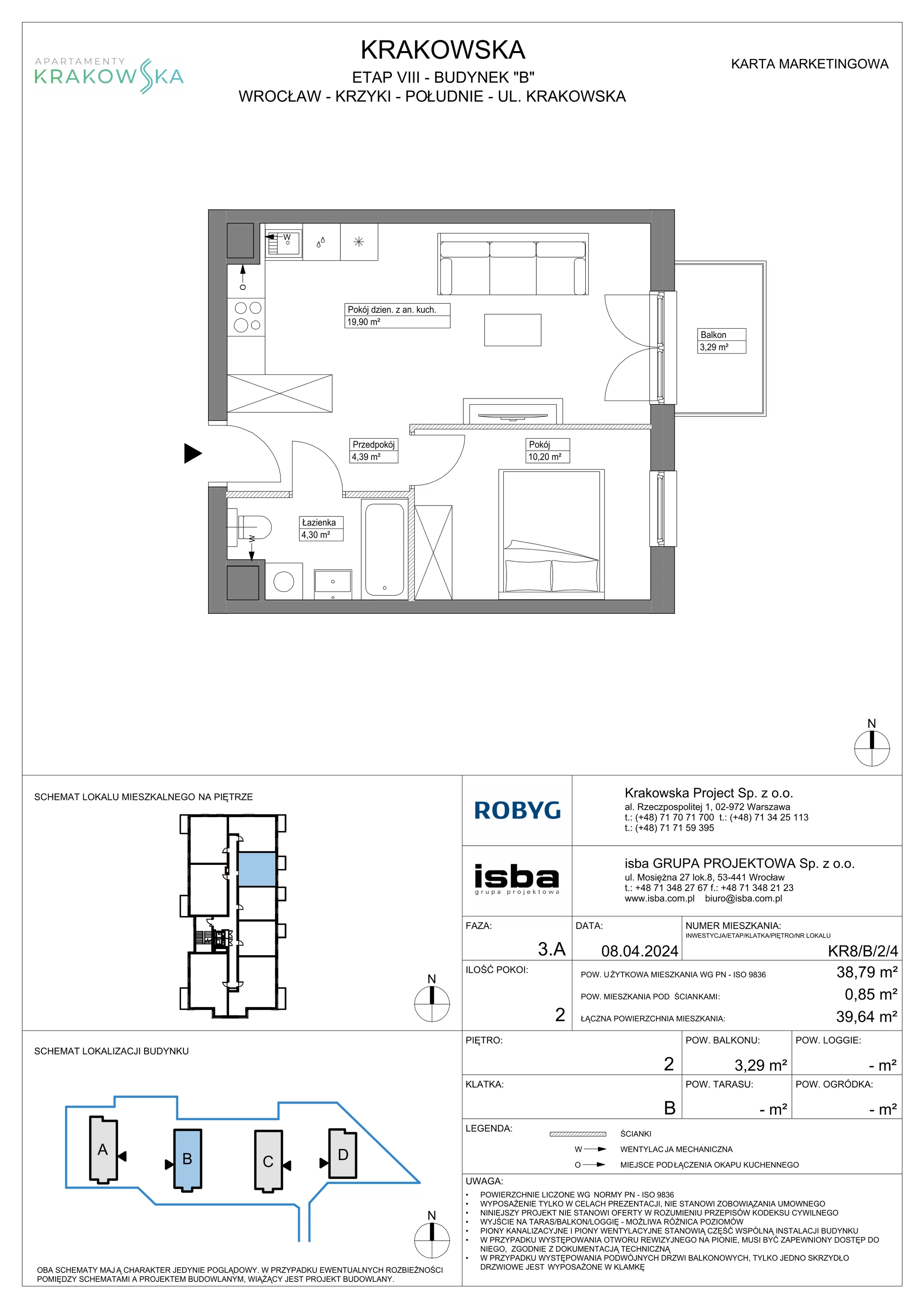 Mieszkanie 38,79 m², piętro 2, oferta nr KR8/B/2/4, Apartamenty Krakowska, Wrocław, Przedmieście Oławskie, Krzyki, ul. Krakowska