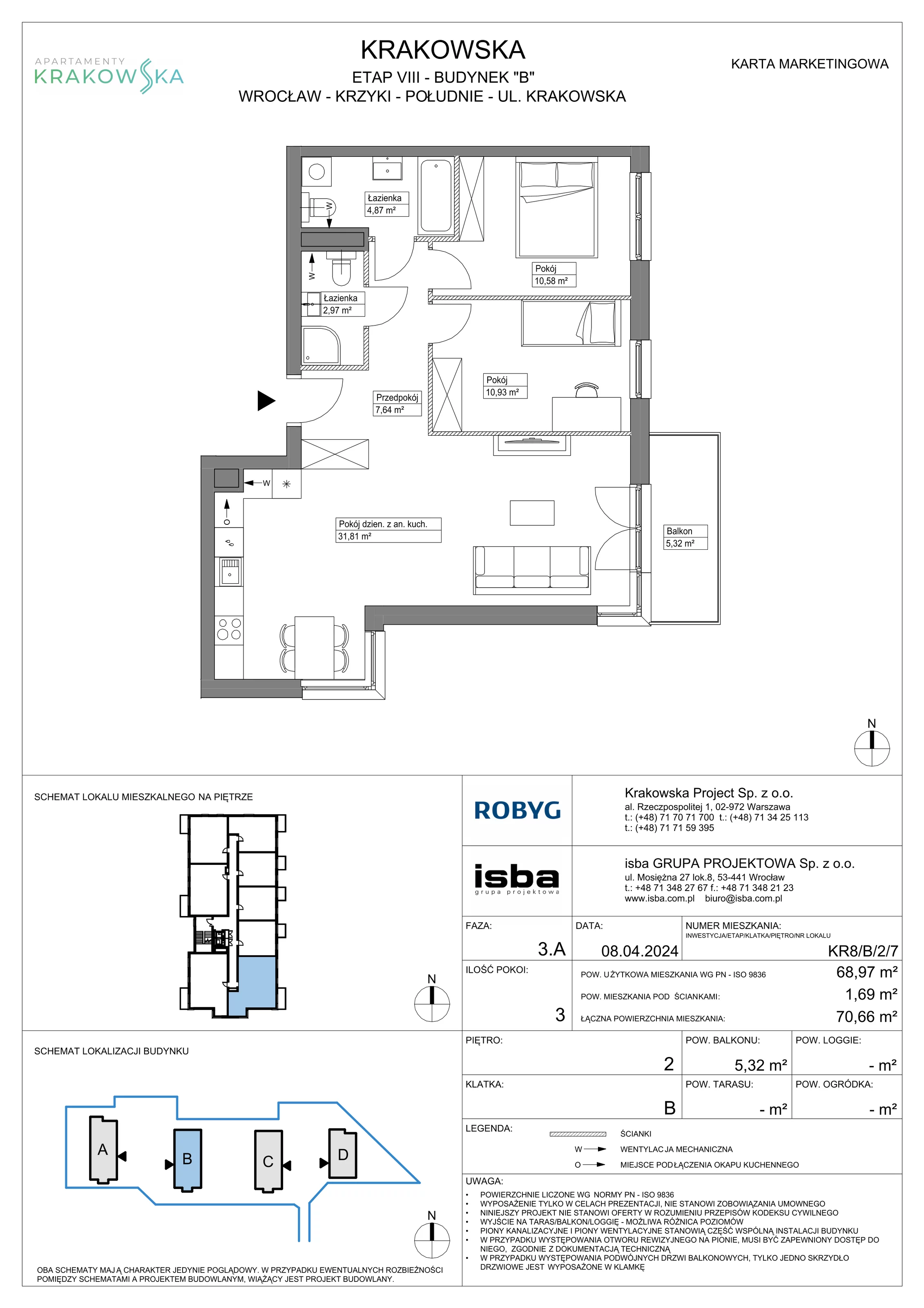 3 pokoje, mieszkanie 68,97 m², piętro 2, oferta nr KR8/B/2/7, Apartamenty Krakowska, Wrocław, Przedmieście Oławskie, Krzyki, ul. Krakowska