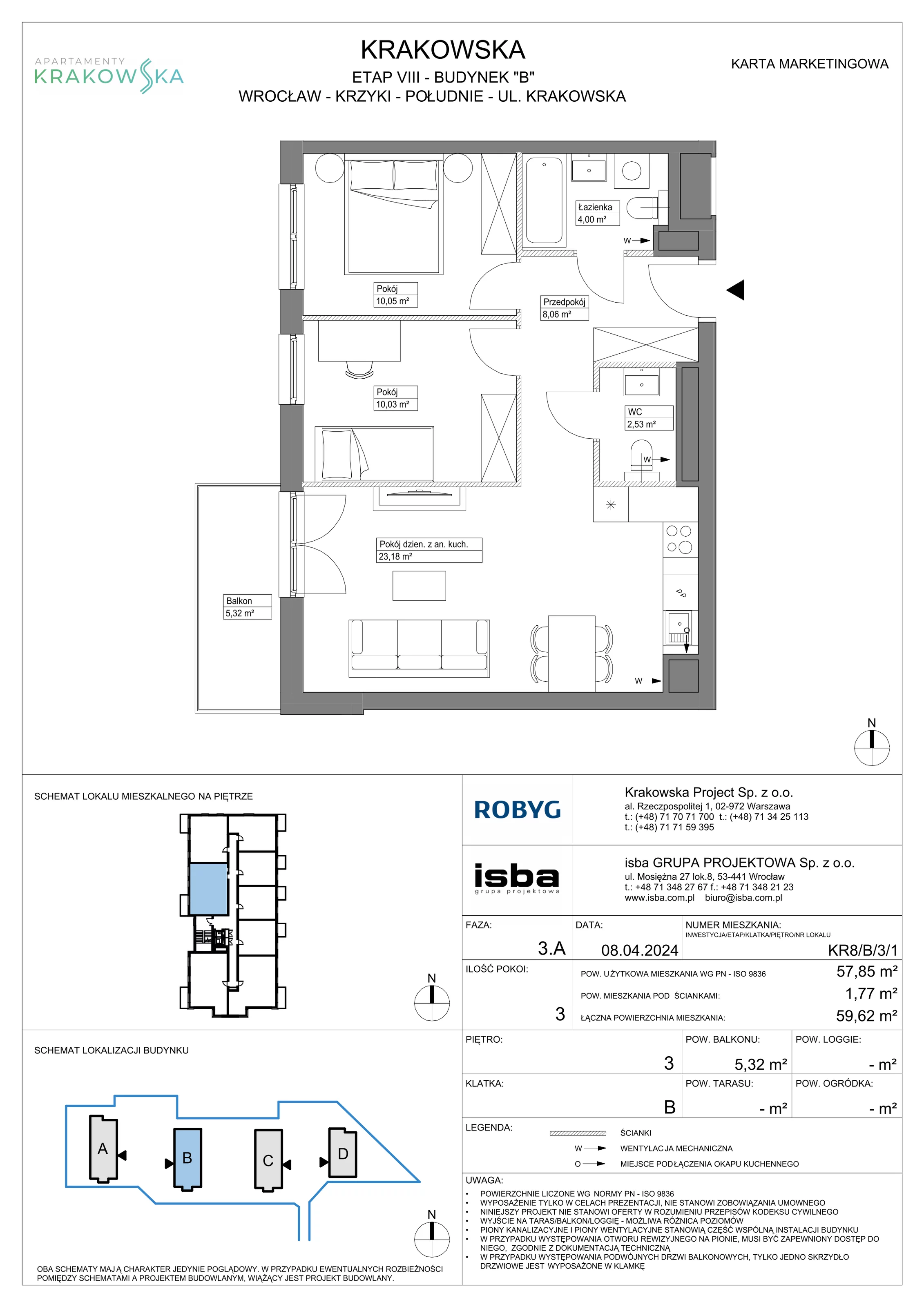 3 pokoje, mieszkanie 57,85 m², piętro 3, oferta nr KR8/B/3/1, Apartamenty Krakowska, Wrocław, Przedmieście Oławskie, Krzyki, ul. Krakowska