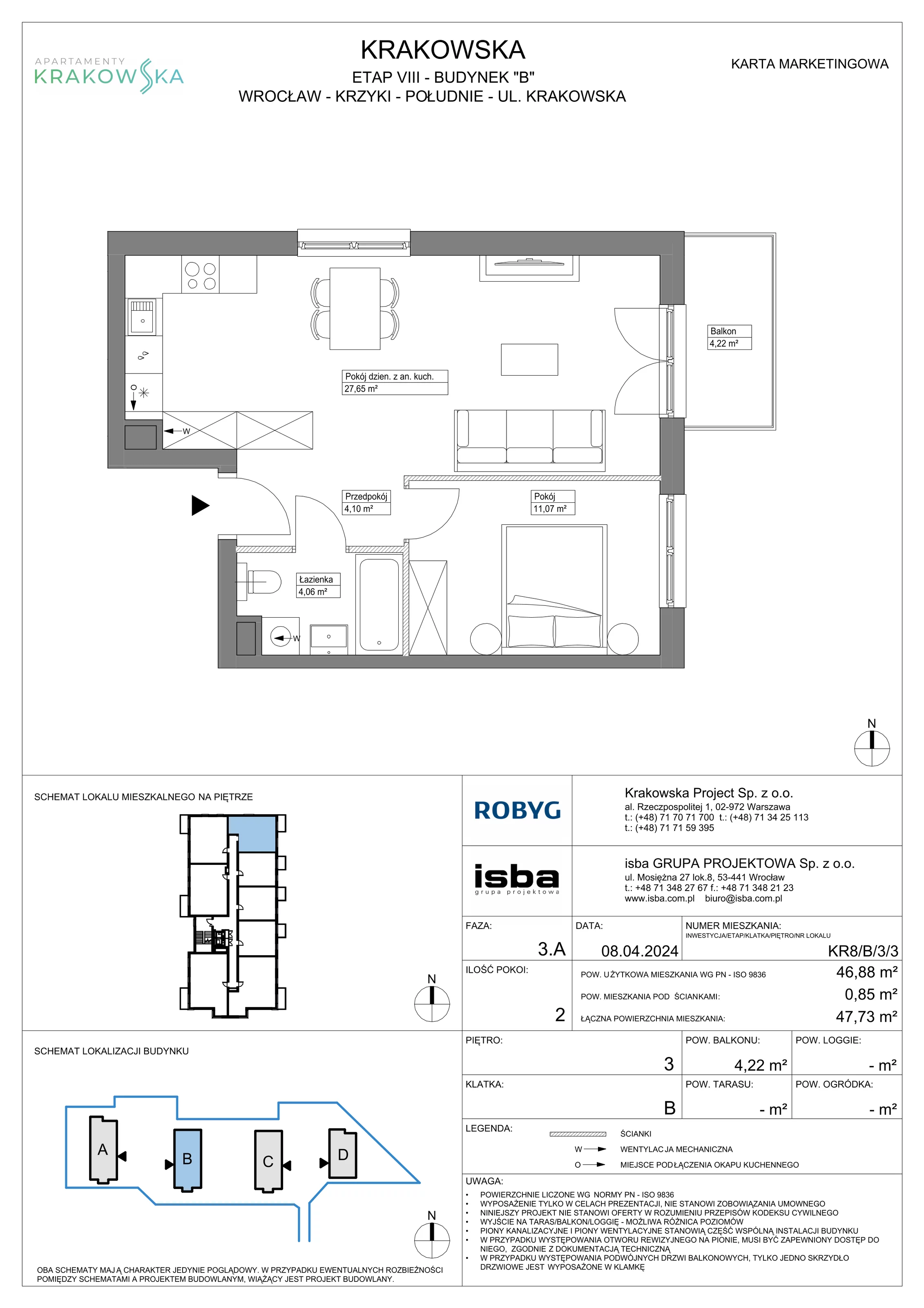 2 pokoje, mieszkanie 46,88 m², piętro 3, oferta nr KR8/B/3/3, Apartamenty Krakowska, Wrocław, Przedmieście Oławskie, Krzyki, ul. Krakowska