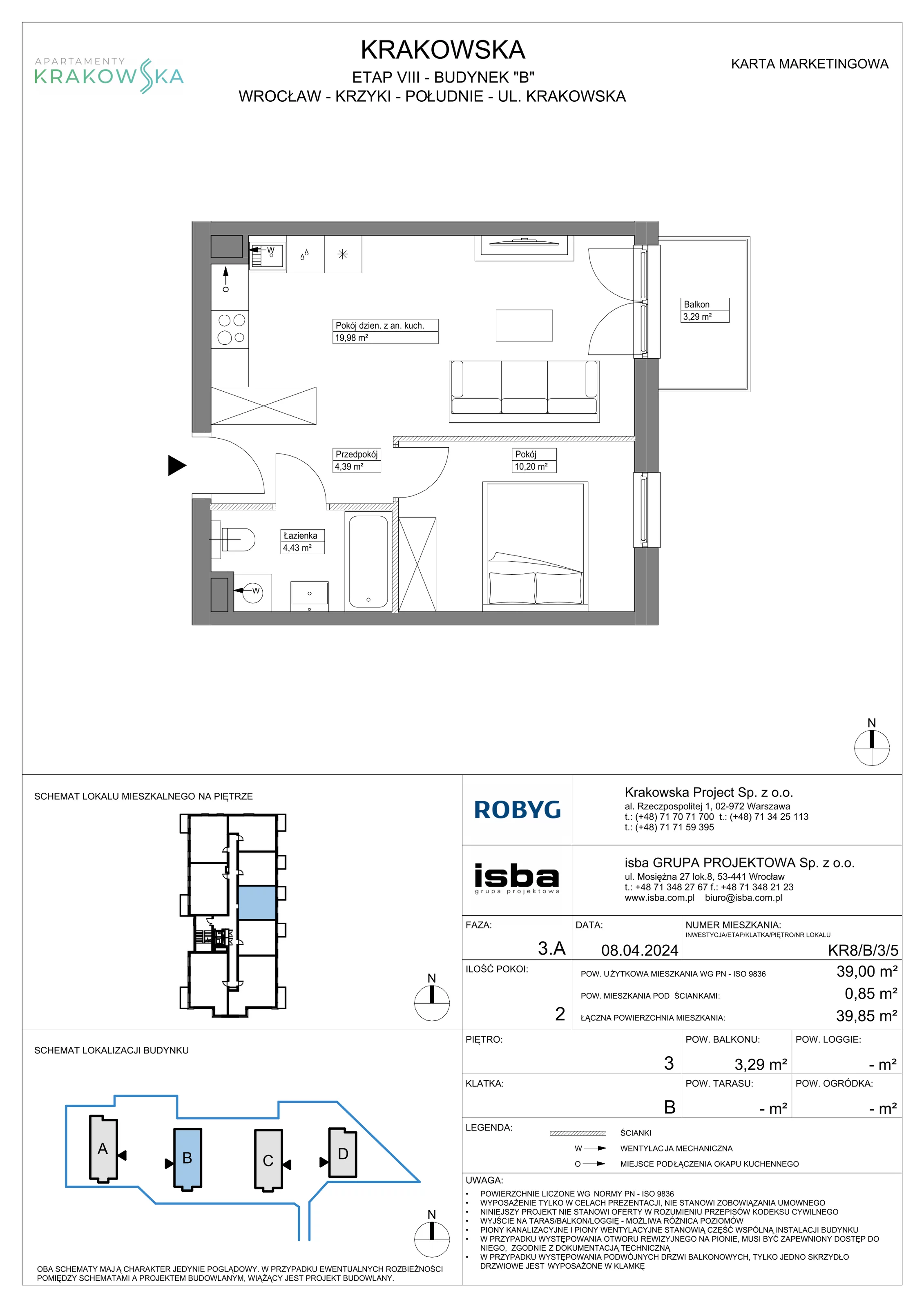 Mieszkanie 39,00 m², piętro 3, oferta nr KR8/B/3/5, Apartamenty Krakowska, Wrocław, Przedmieście Oławskie, Krzyki, ul. Krakowska