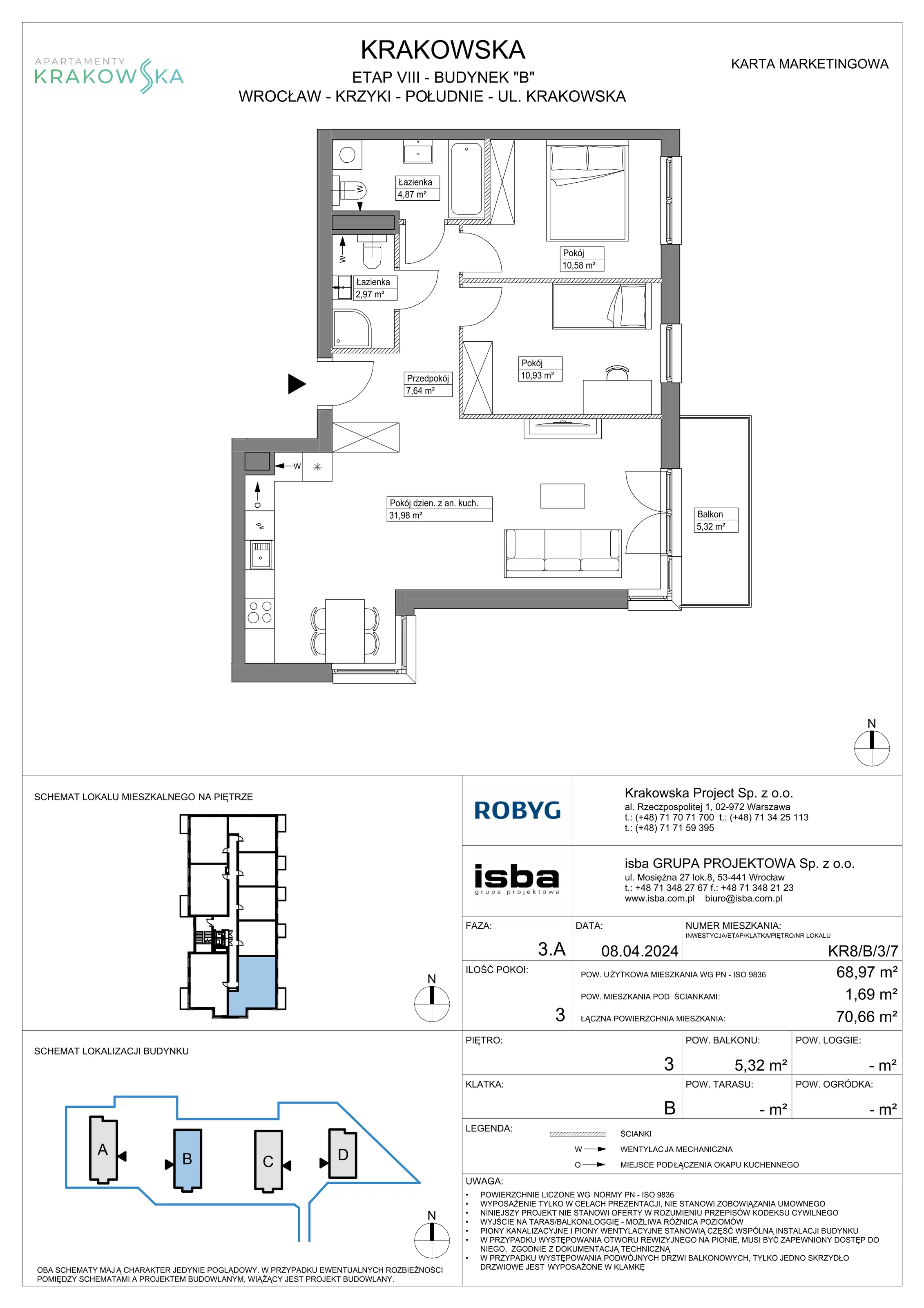 3 pokoje, mieszkanie 68,97 m², piętro 3, oferta nr KR8/B/3/7, Apartamenty Krakowska, Wrocław, Przedmieście Oławskie, Krzyki, ul. Krakowska