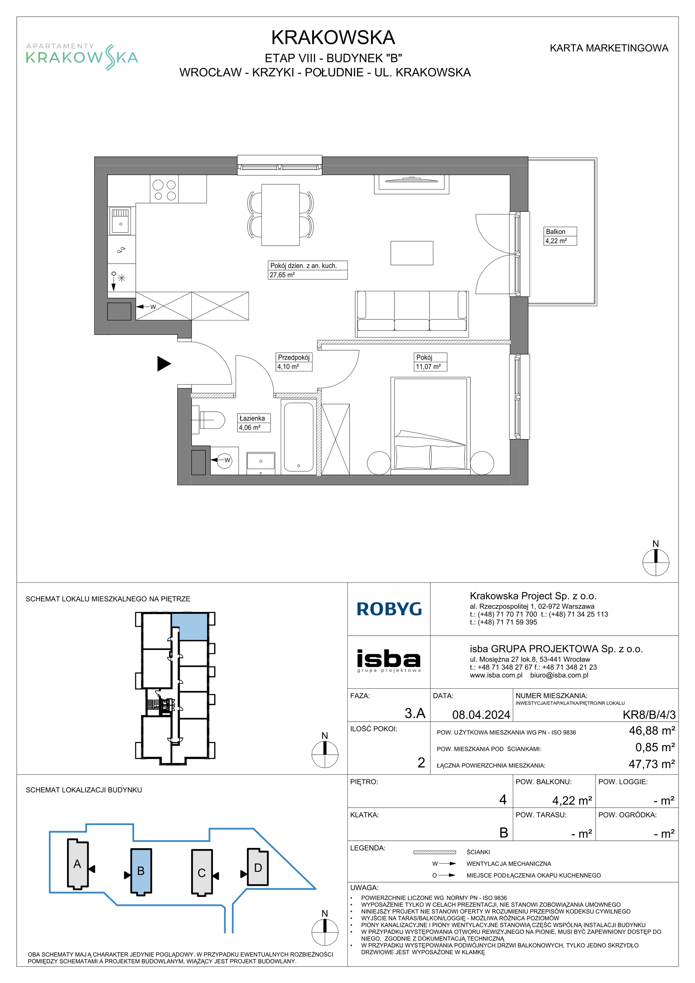 2 pokoje, mieszkanie 46,88 m², piętro 4, oferta nr KR8/B/4/3, Apartamenty Krakowska, Wrocław, Przedmieście Oławskie, Krzyki, ul. Krakowska