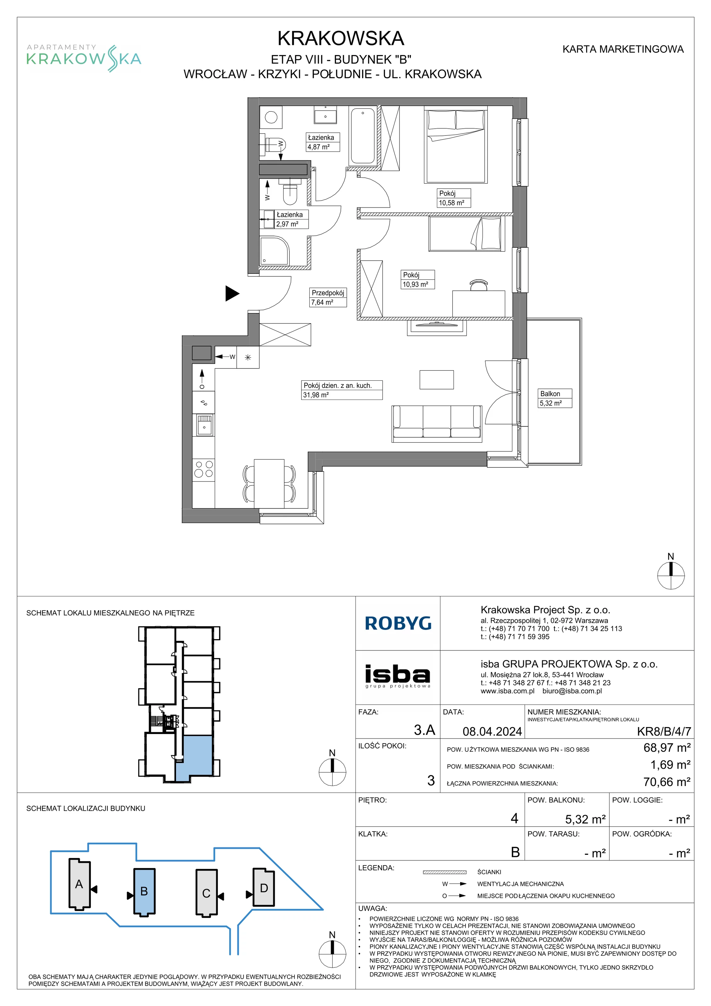 3 pokoje, mieszkanie 68,97 m², piętro 4, oferta nr KR8/B/4/7, Apartamenty Krakowska, Wrocław, Przedmieście Oławskie, Krzyki, ul. Krakowska