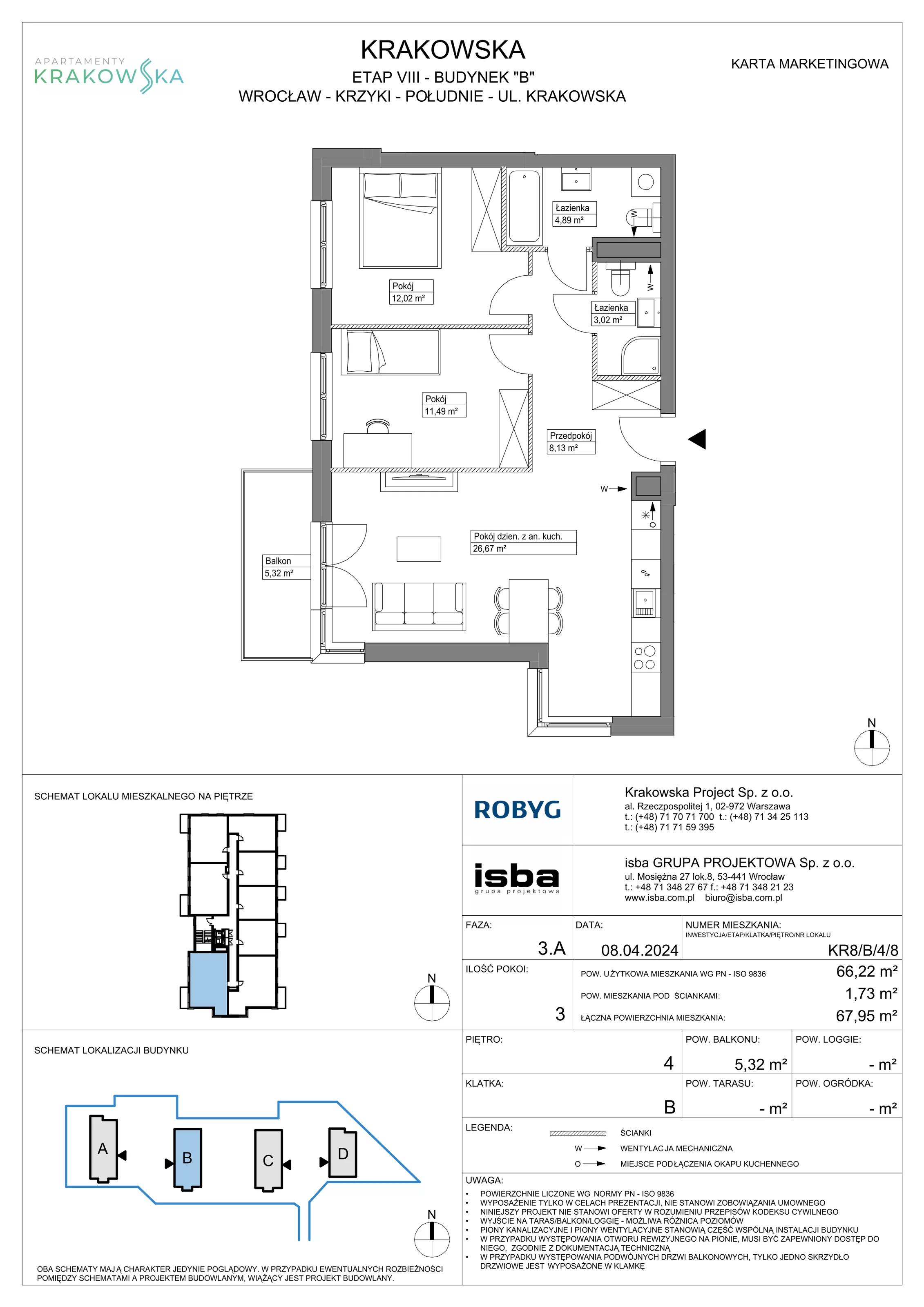 3 pokoje, mieszkanie 66,22 m², piętro 4, oferta nr KR8/B/4/8, Apartamenty Krakowska, Wrocław, Przedmieście Oławskie, Krzyki, ul. Krakowska