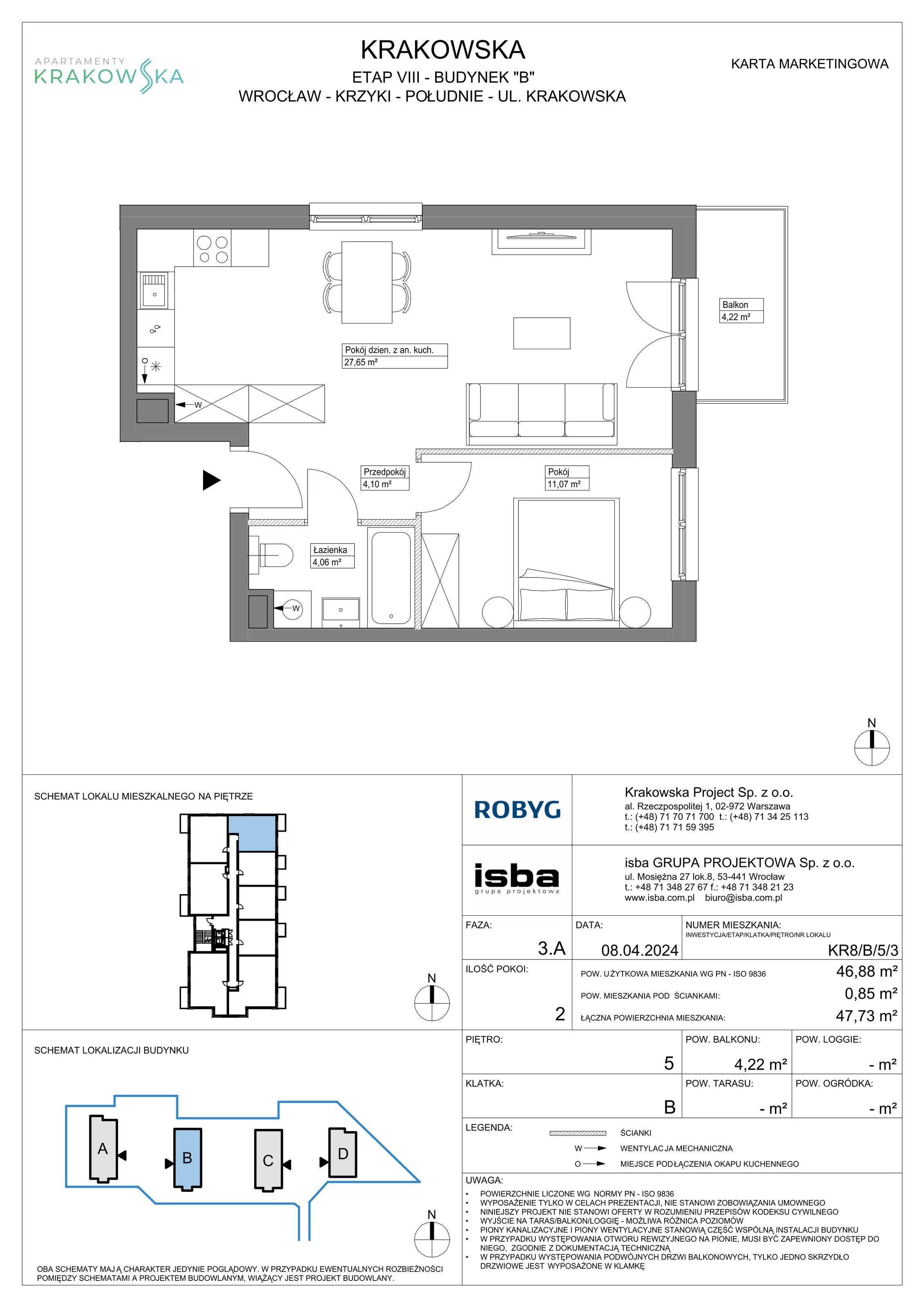 2 pokoje, mieszkanie 46,88 m², piętro 5, oferta nr KR8/B/5/3, Apartamenty Krakowska, Wrocław, Przedmieście Oławskie, Krzyki, ul. Krakowska