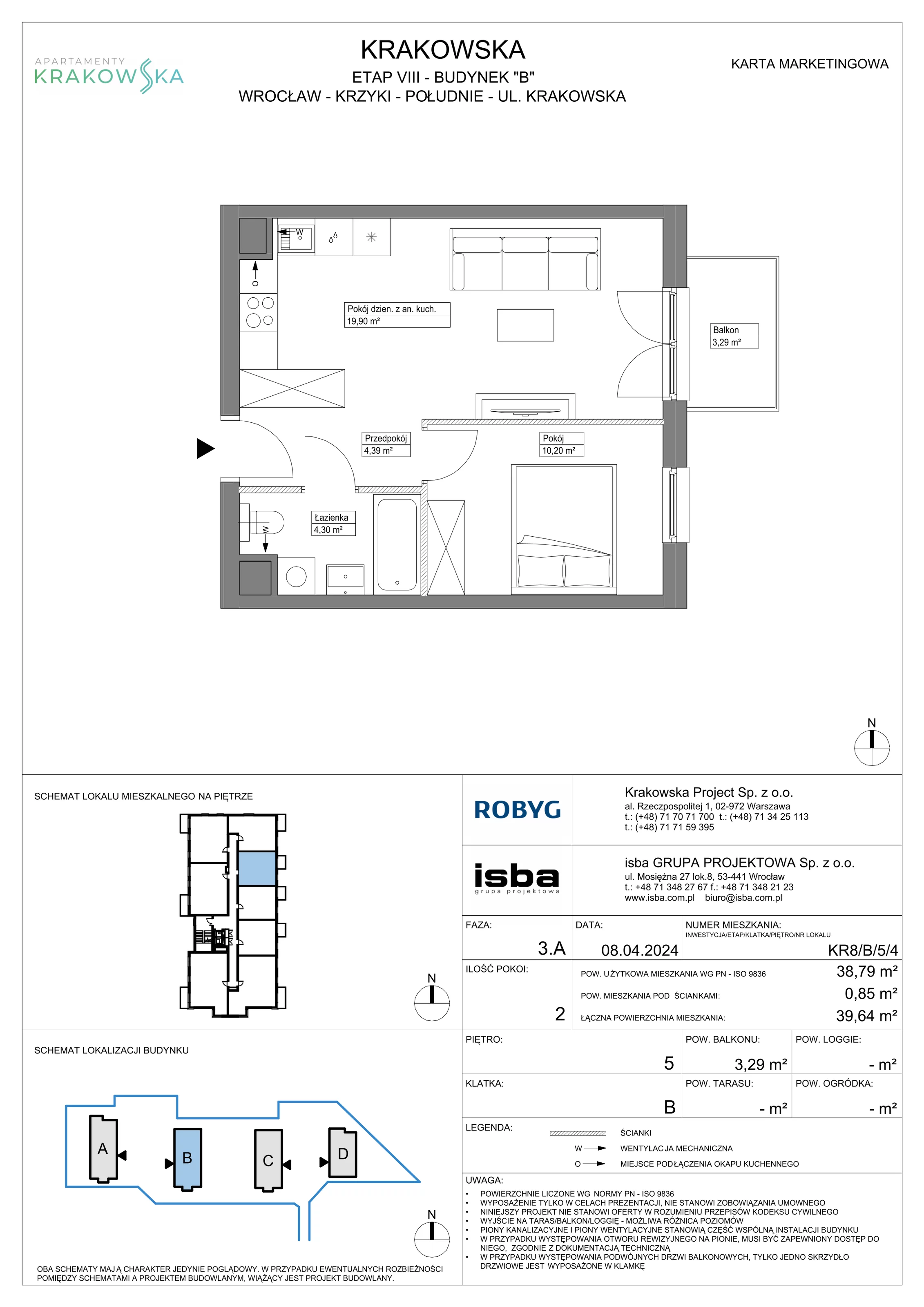 Mieszkanie 38,79 m², piętro 5, oferta nr KR8/B/5/4, Apartamenty Krakowska, Wrocław, Przedmieście Oławskie, Krzyki, ul. Krakowska