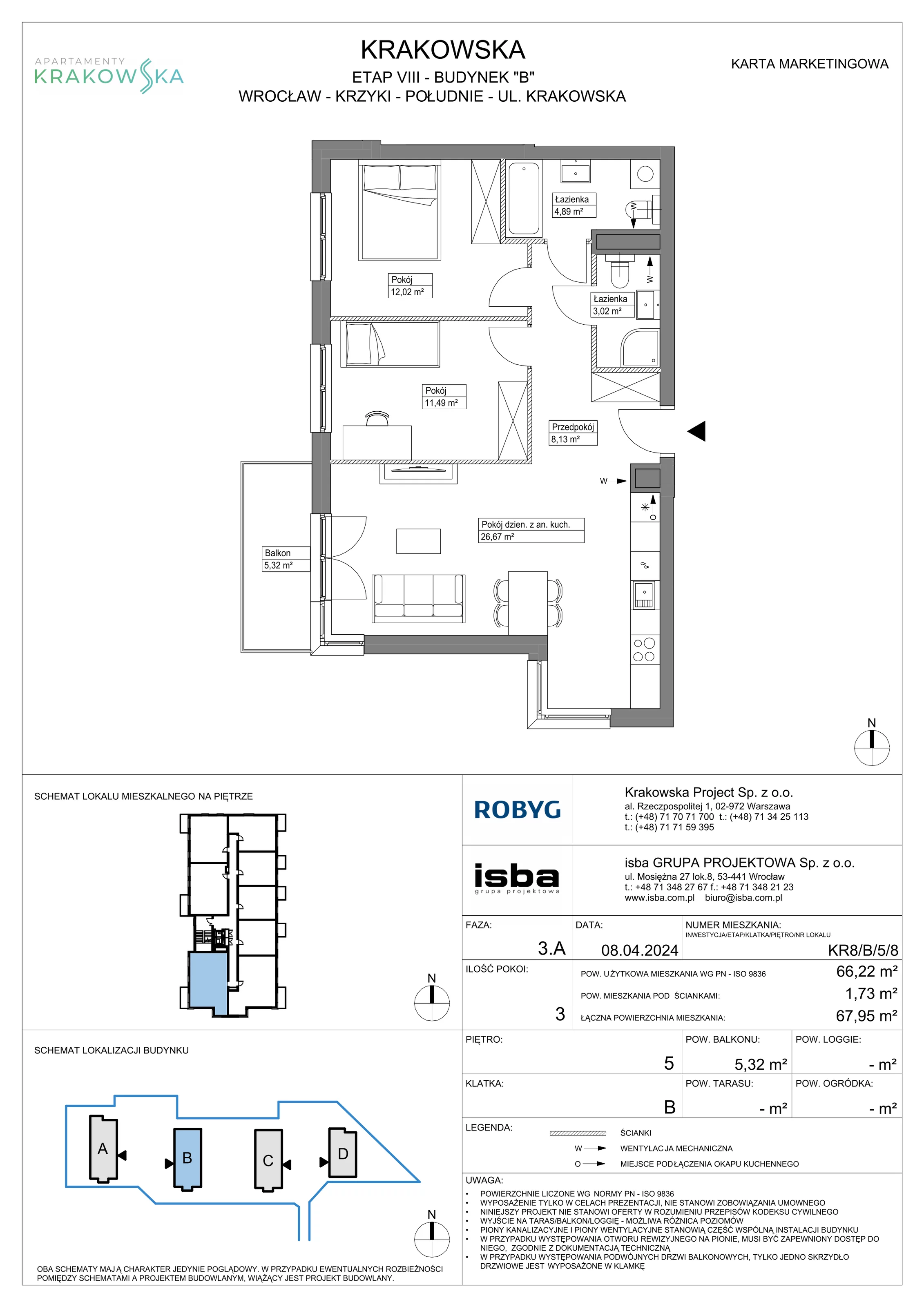 3 pokoje, mieszkanie 66,22 m², piętro 5, oferta nr KR8/B/5/8, Apartamenty Krakowska, Wrocław, Przedmieście Oławskie, Krzyki, ul. Krakowska