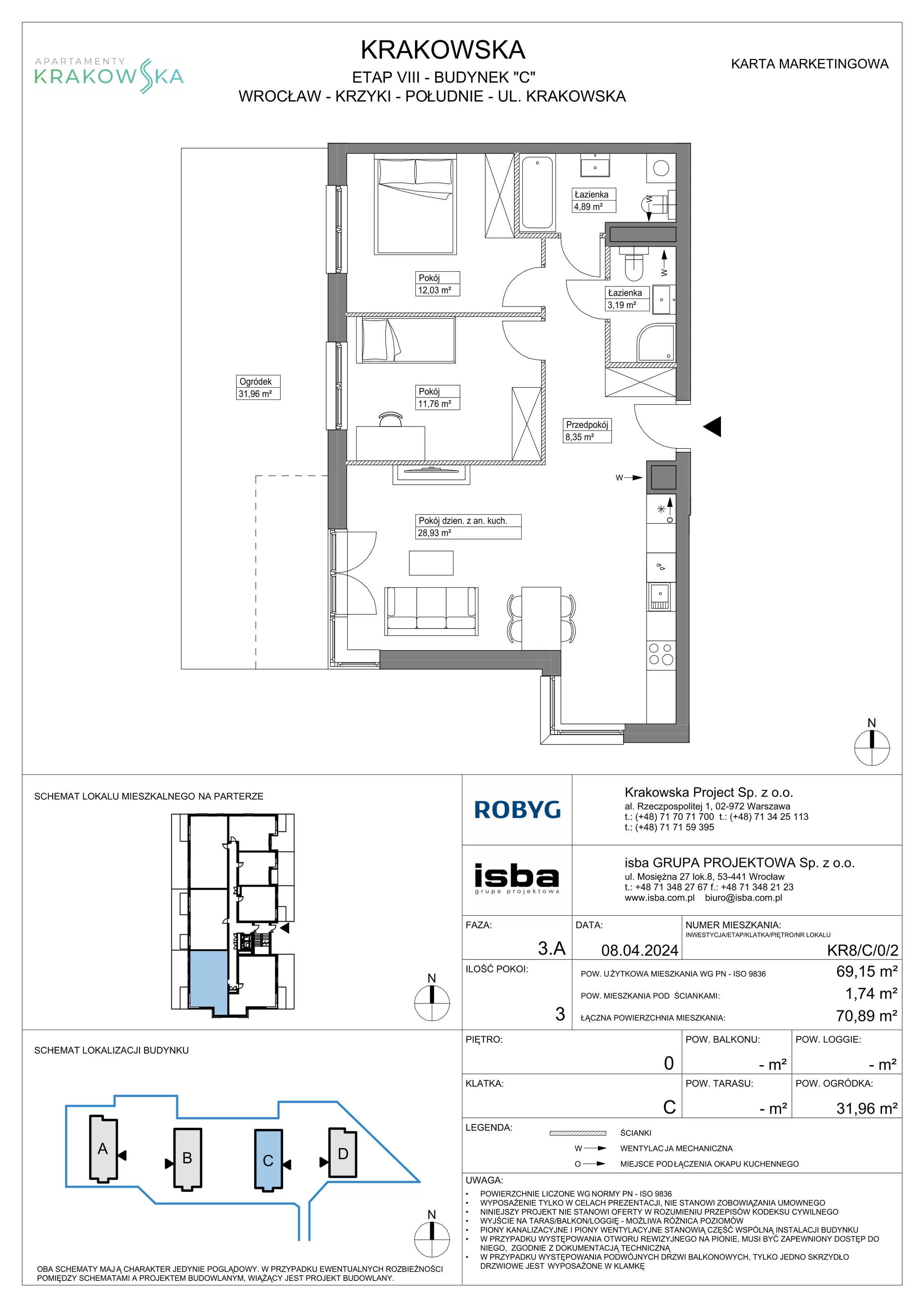 3 pokoje, mieszkanie 69,15 m², parter, oferta nr KR8/C/0/2, Apartamenty Krakowska, Wrocław, Przedmieście Oławskie, Krzyki, ul. Krakowska