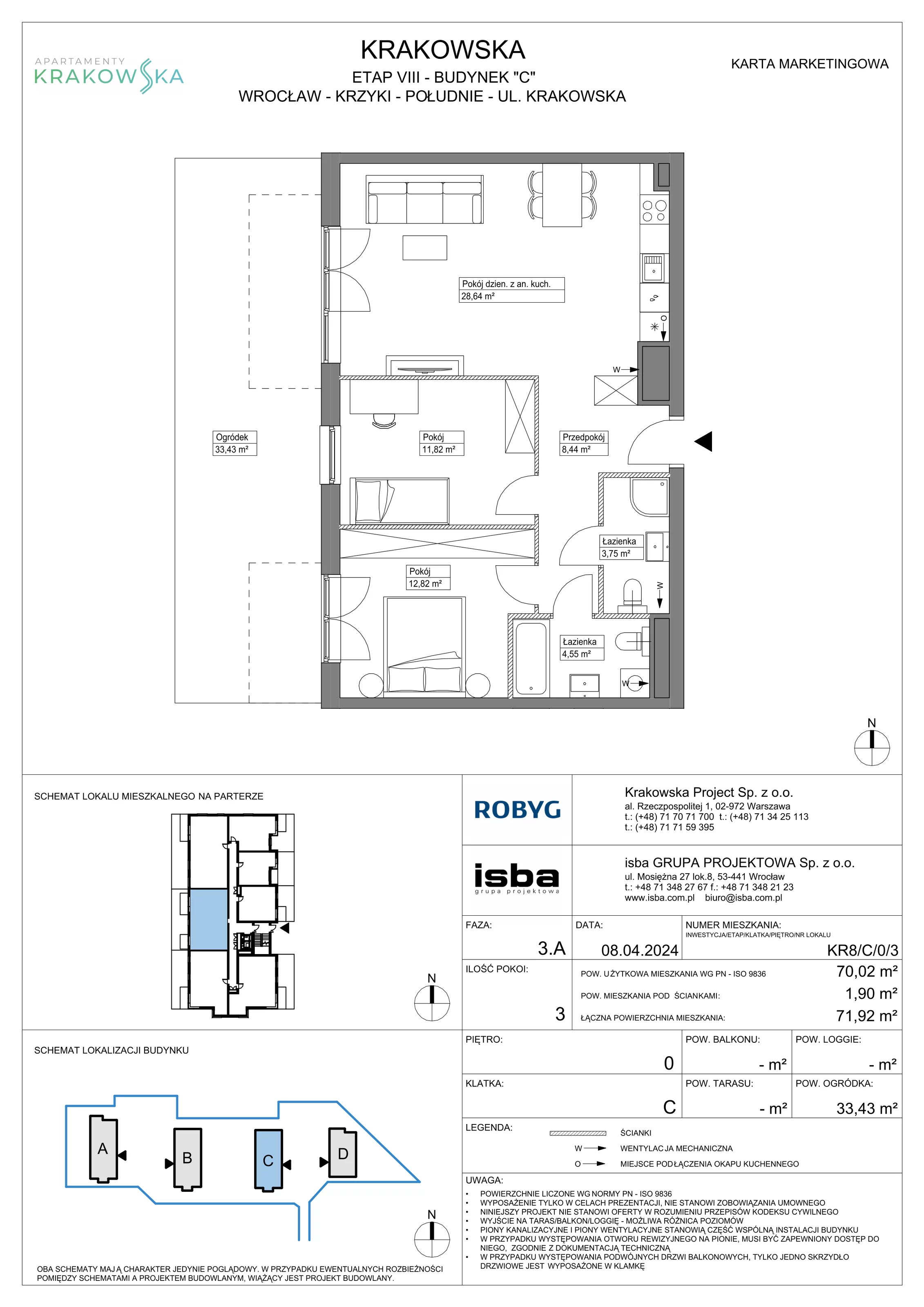 3 pokoje, mieszkanie 70,02 m², parter, oferta nr KR8/C/0/3, Apartamenty Krakowska, Wrocław, Przedmieście Oławskie, Krzyki, ul. Krakowska