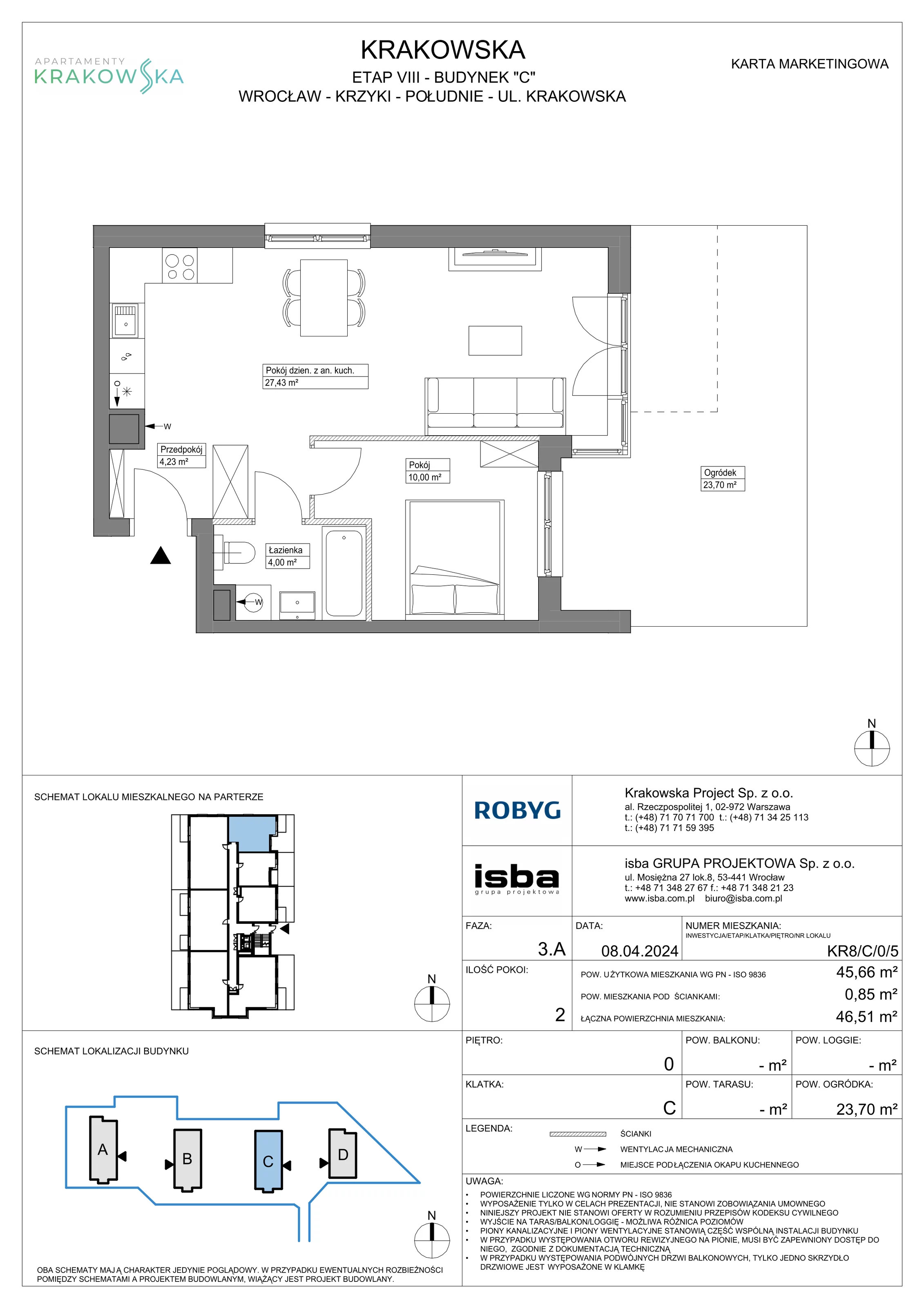 2 pokoje, mieszkanie 45,66 m², parter, oferta nr KR8/C/0/5, Apartamenty Krakowska, Wrocław, Przedmieście Oławskie, Krzyki, ul. Krakowska