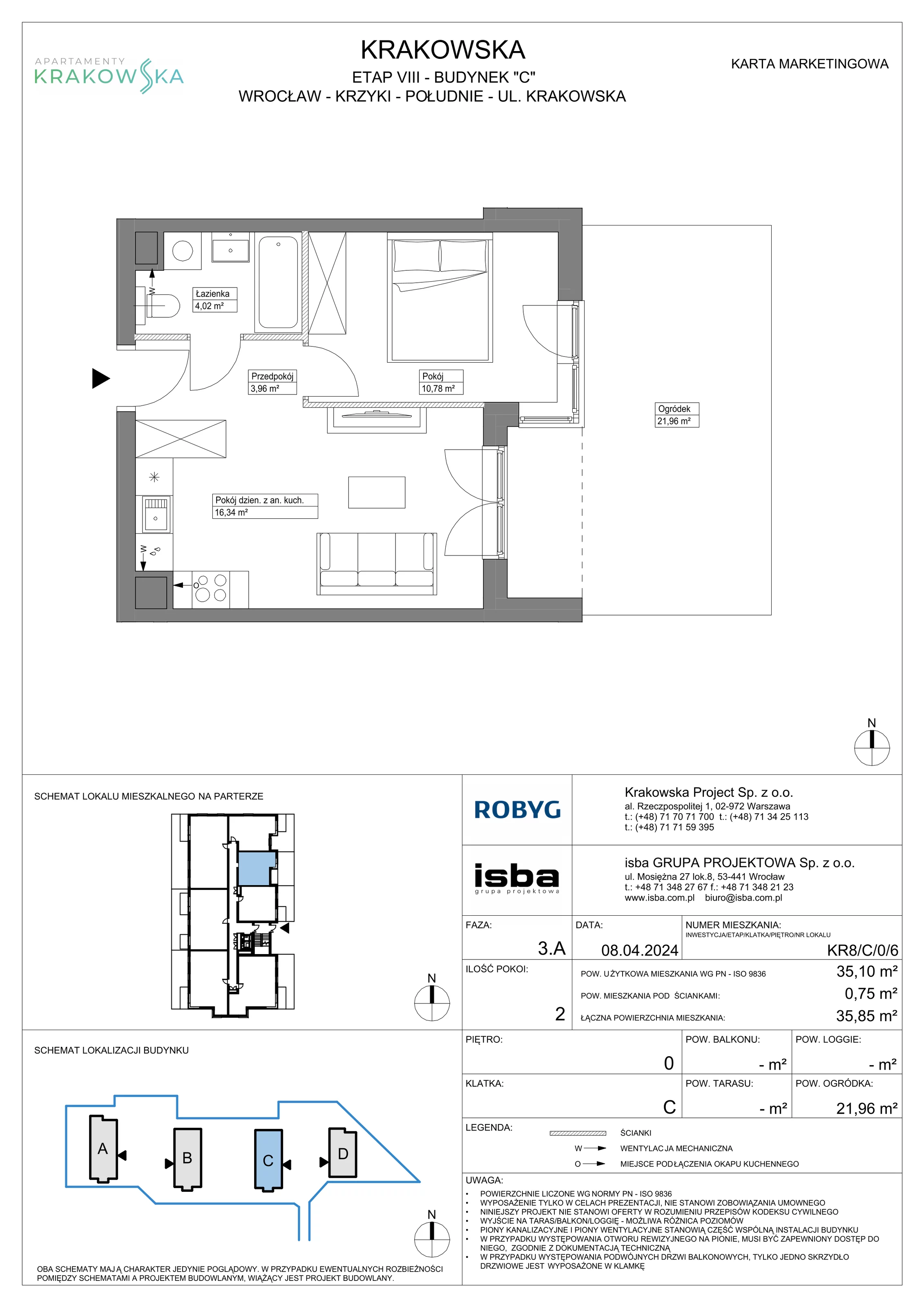 2 pokoje, mieszkanie 35,10 m², parter, oferta nr KR8/C/0/6, Apartamenty Krakowska, Wrocław, Przedmieście Oławskie, Krzyki, ul. Krakowska