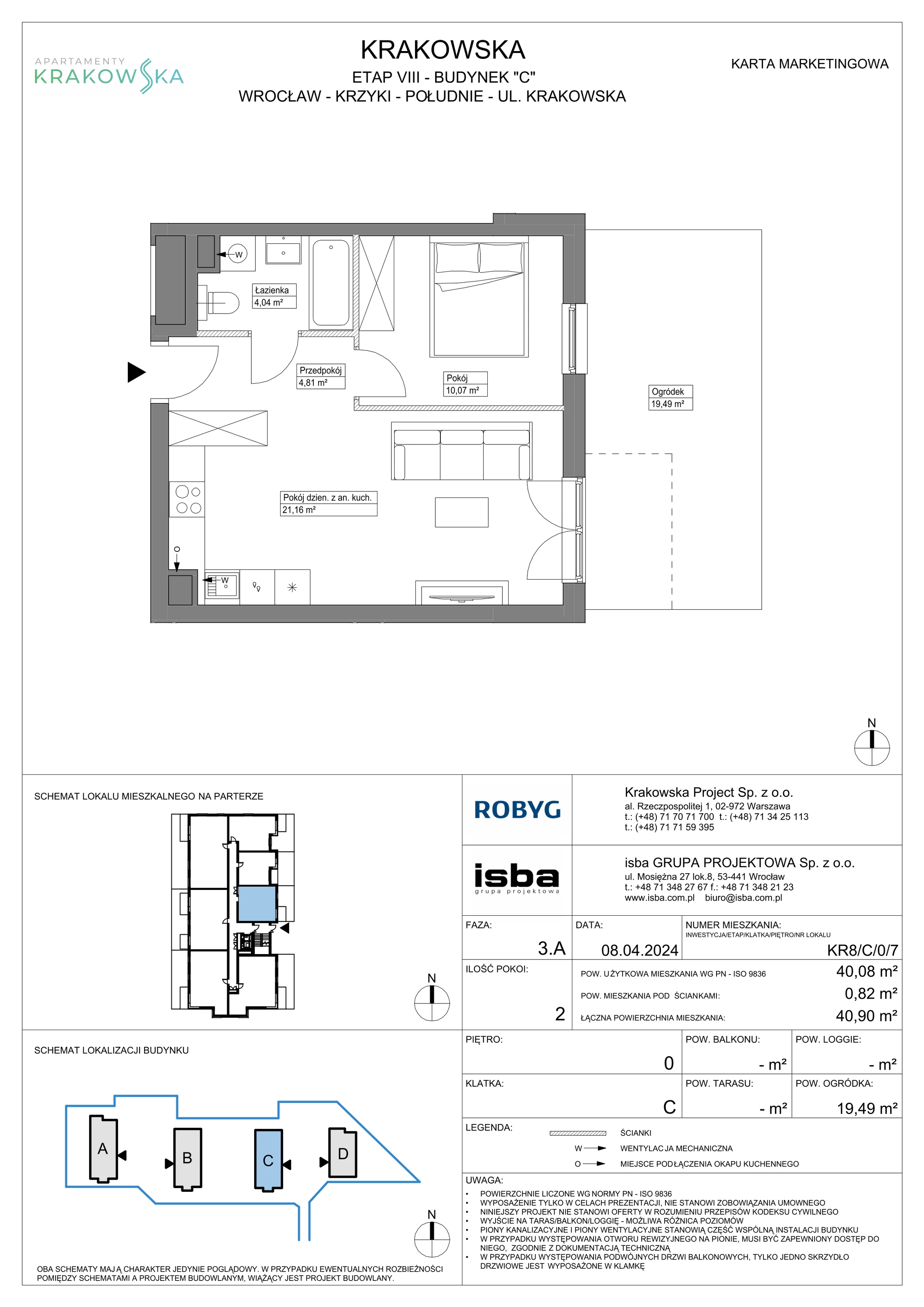 2 pokoje, mieszkanie 40,08 m², parter, oferta nr KR8/C/0/7, Apartamenty Krakowska, Wrocław, Przedmieście Oławskie, Krzyki, ul. Krakowska