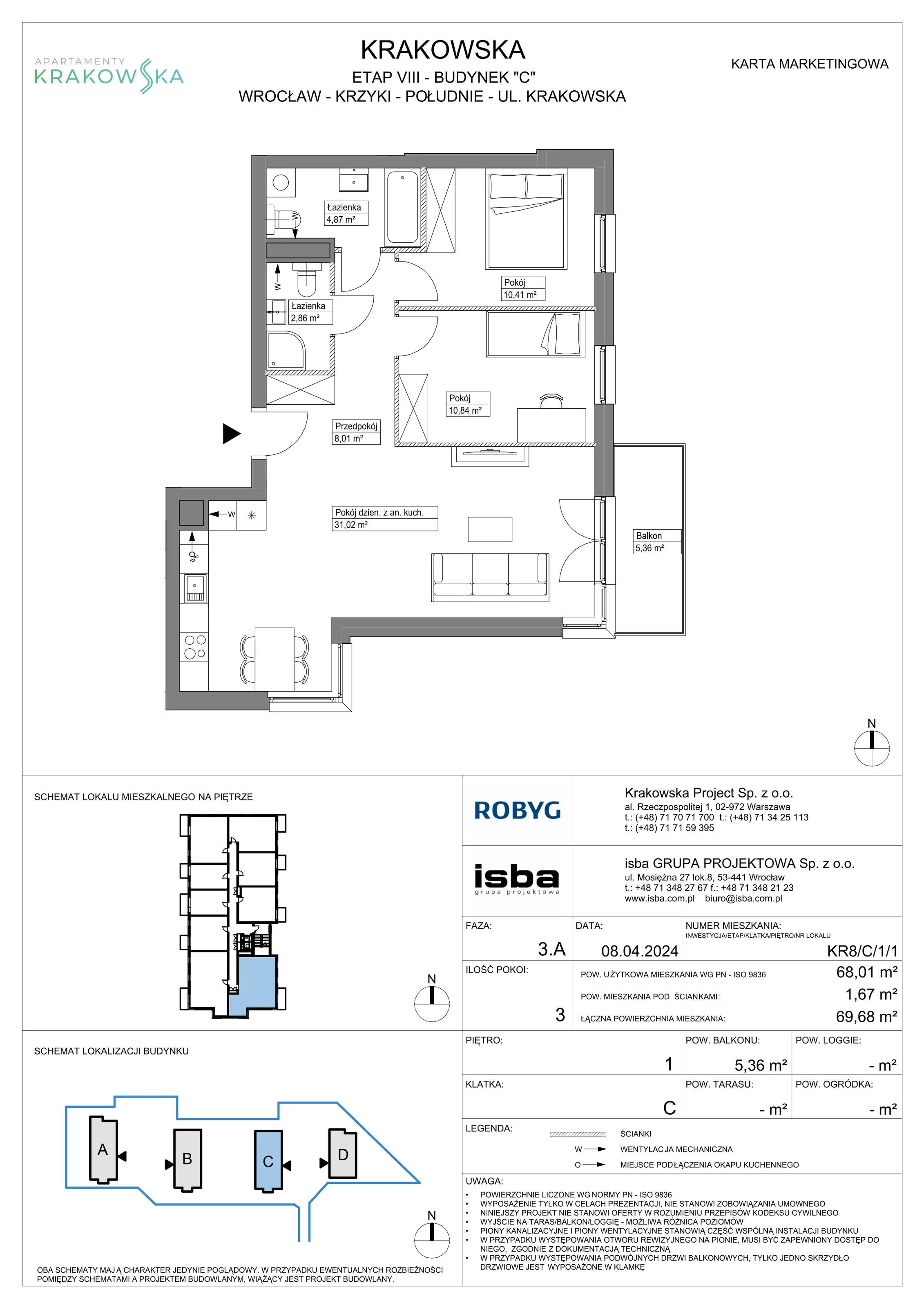 3 pokoje, mieszkanie 68,01 m², piętro 1, oferta nr KR8/C/1/1, Apartamenty Krakowska, Wrocław, Przedmieście Oławskie, Krzyki, ul. Krakowska