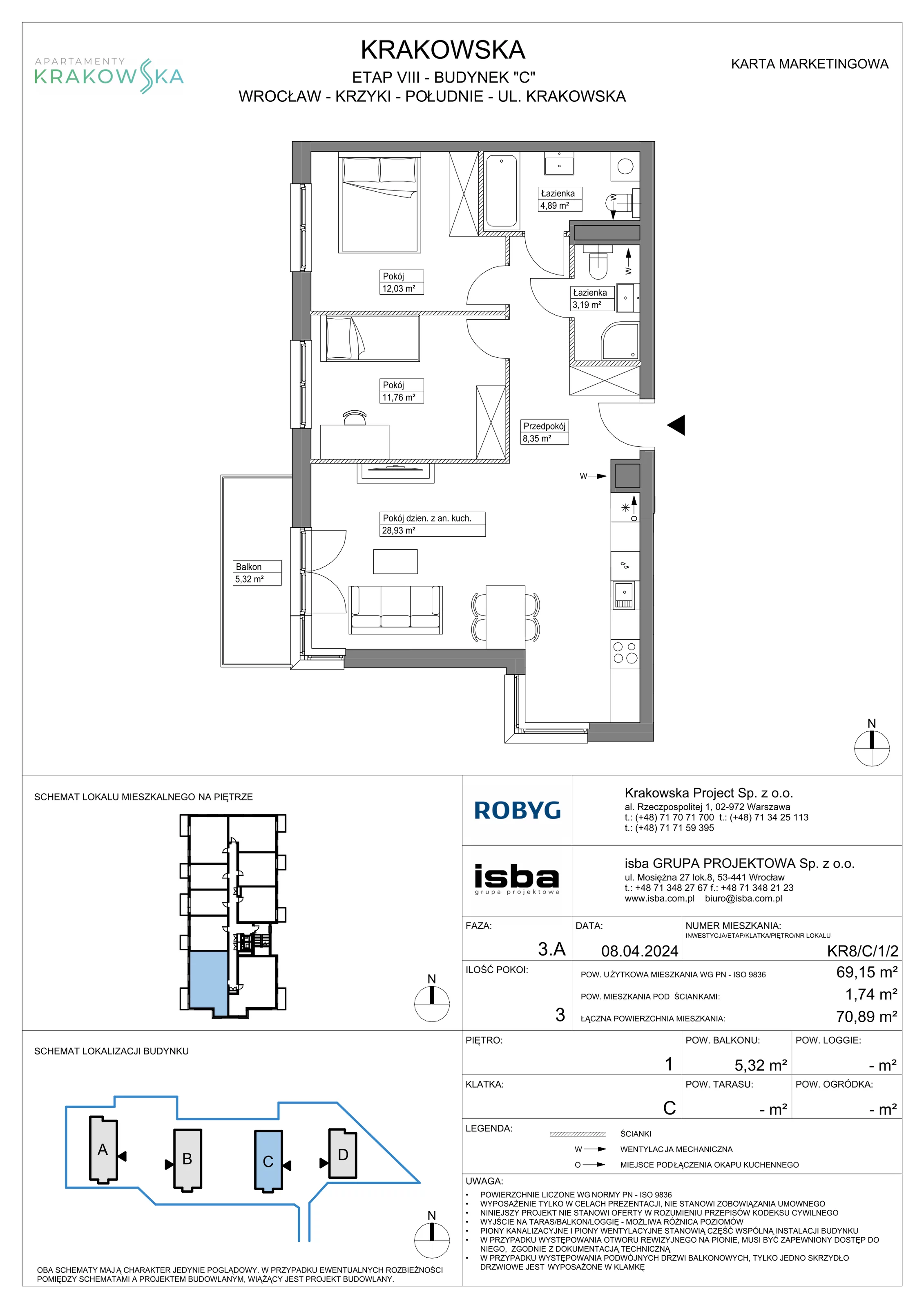 3 pokoje, mieszkanie 69,15 m², piętro 1, oferta nr KR8/C/1/2, Apartamenty Krakowska, Wrocław, Przedmieście Oławskie, Krzyki, ul. Krakowska