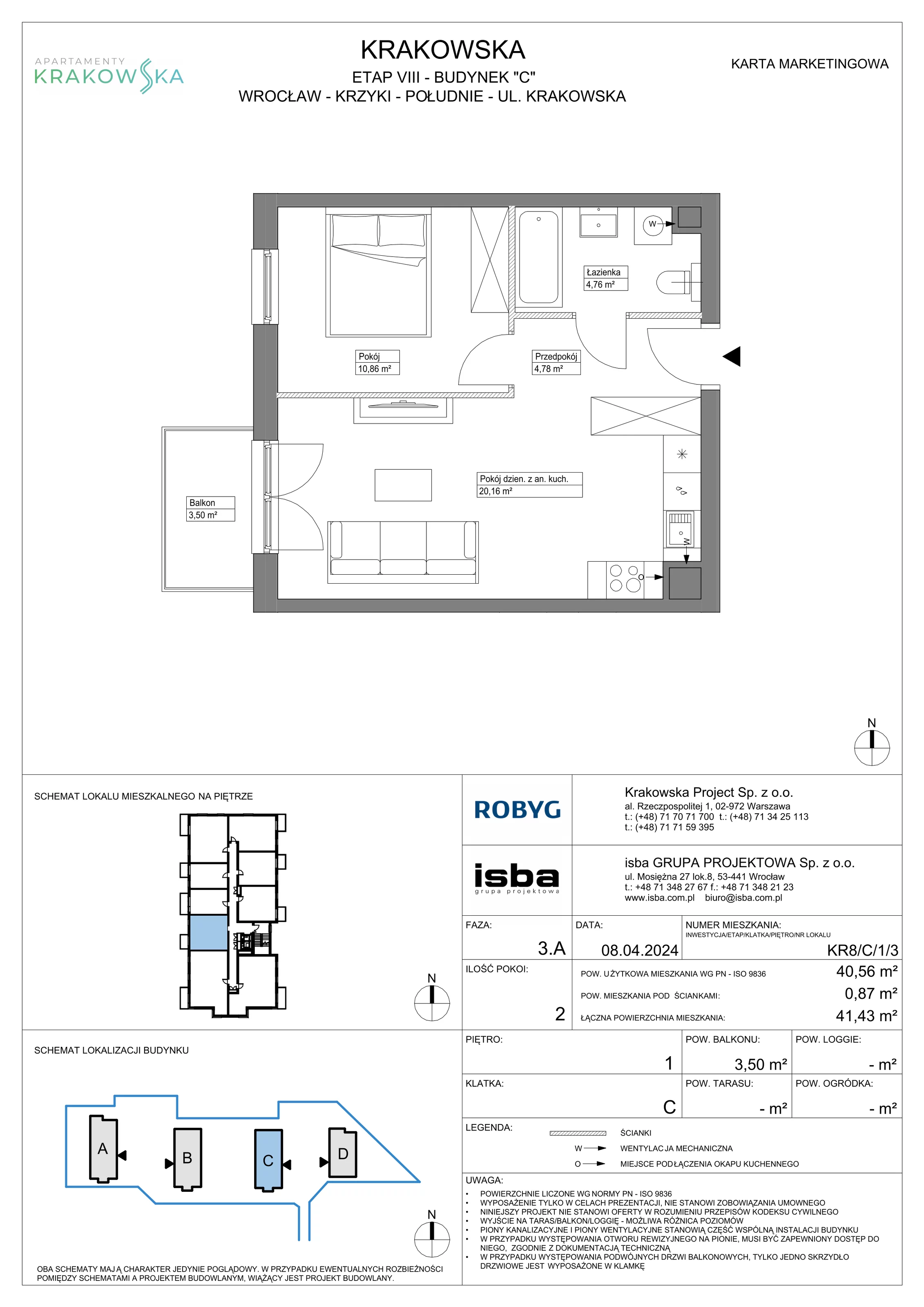 2 pokoje, mieszkanie 40,56 m², piętro 1, oferta nr KR8/C/1/3, Apartamenty Krakowska, Wrocław, Przedmieście Oławskie, Krzyki, ul. Krakowska