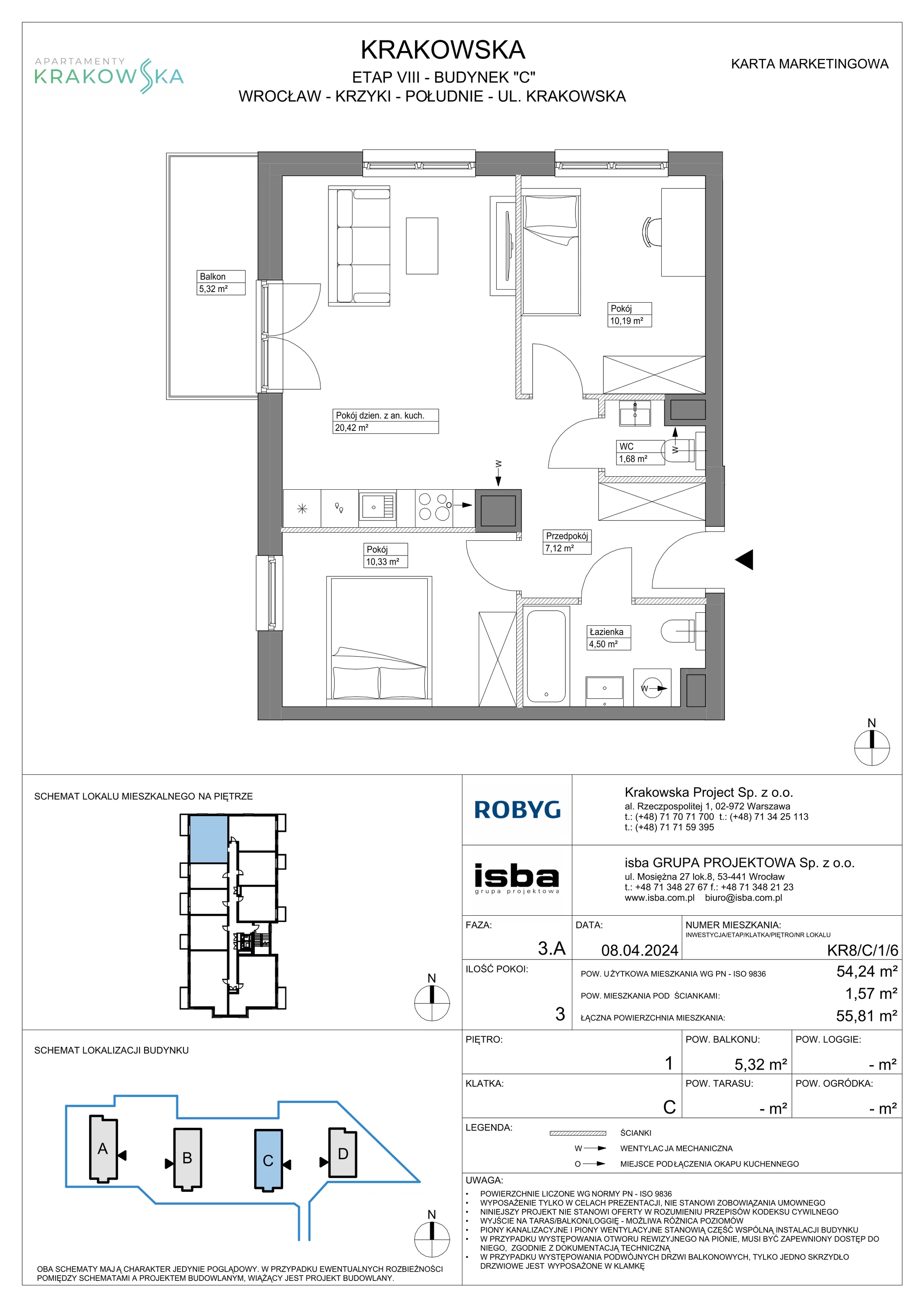 3 pokoje, mieszkanie 54,24 m², piętro 1, oferta nr KR8/C/1/6, Apartamenty Krakowska, Wrocław, Przedmieście Oławskie, Krzyki, ul. Krakowska