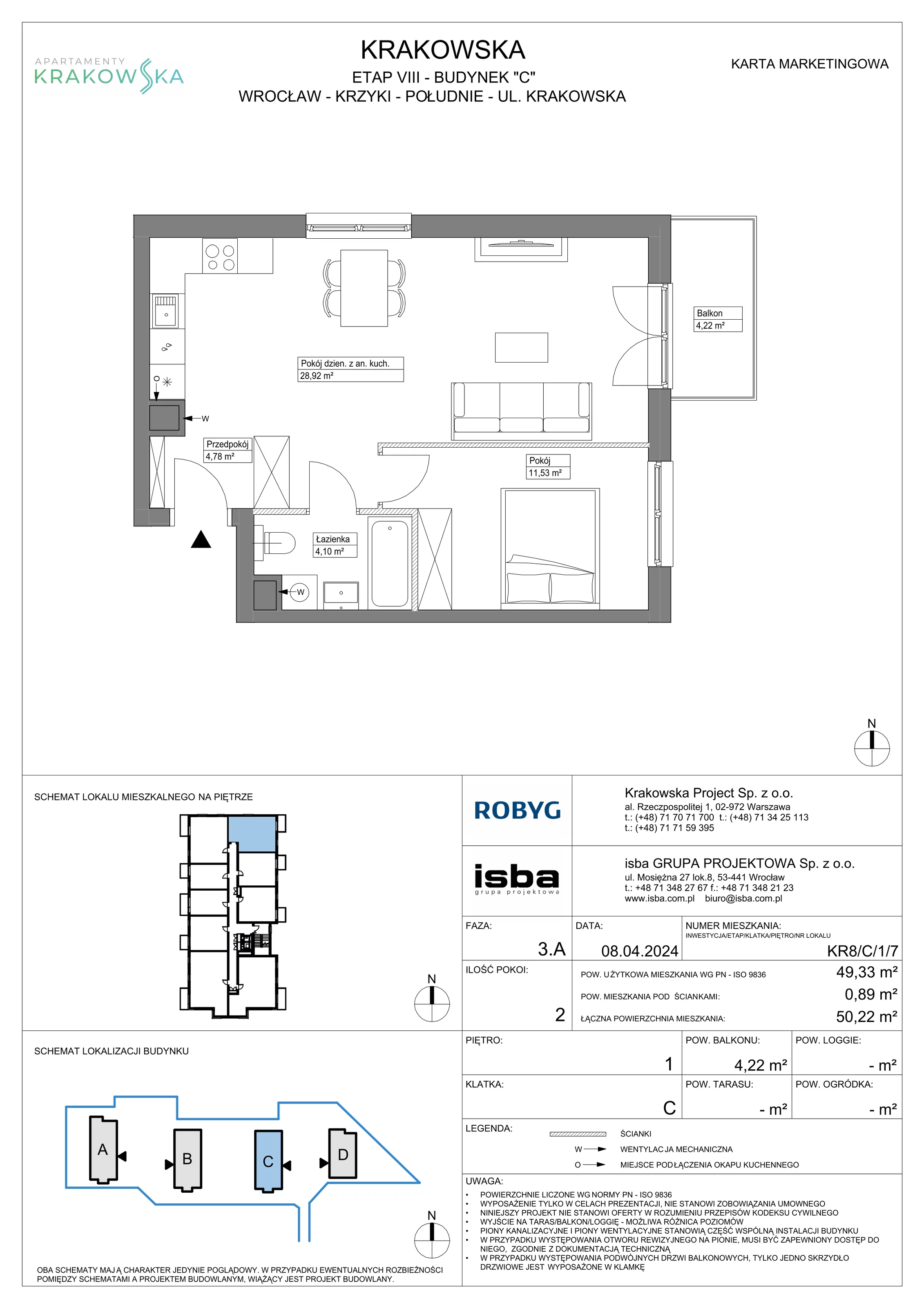 2 pokoje, mieszkanie 49,33 m², piętro 1, oferta nr KR8/C/1/7, Apartamenty Krakowska, Wrocław, Przedmieście Oławskie, Krzyki, ul. Krakowska