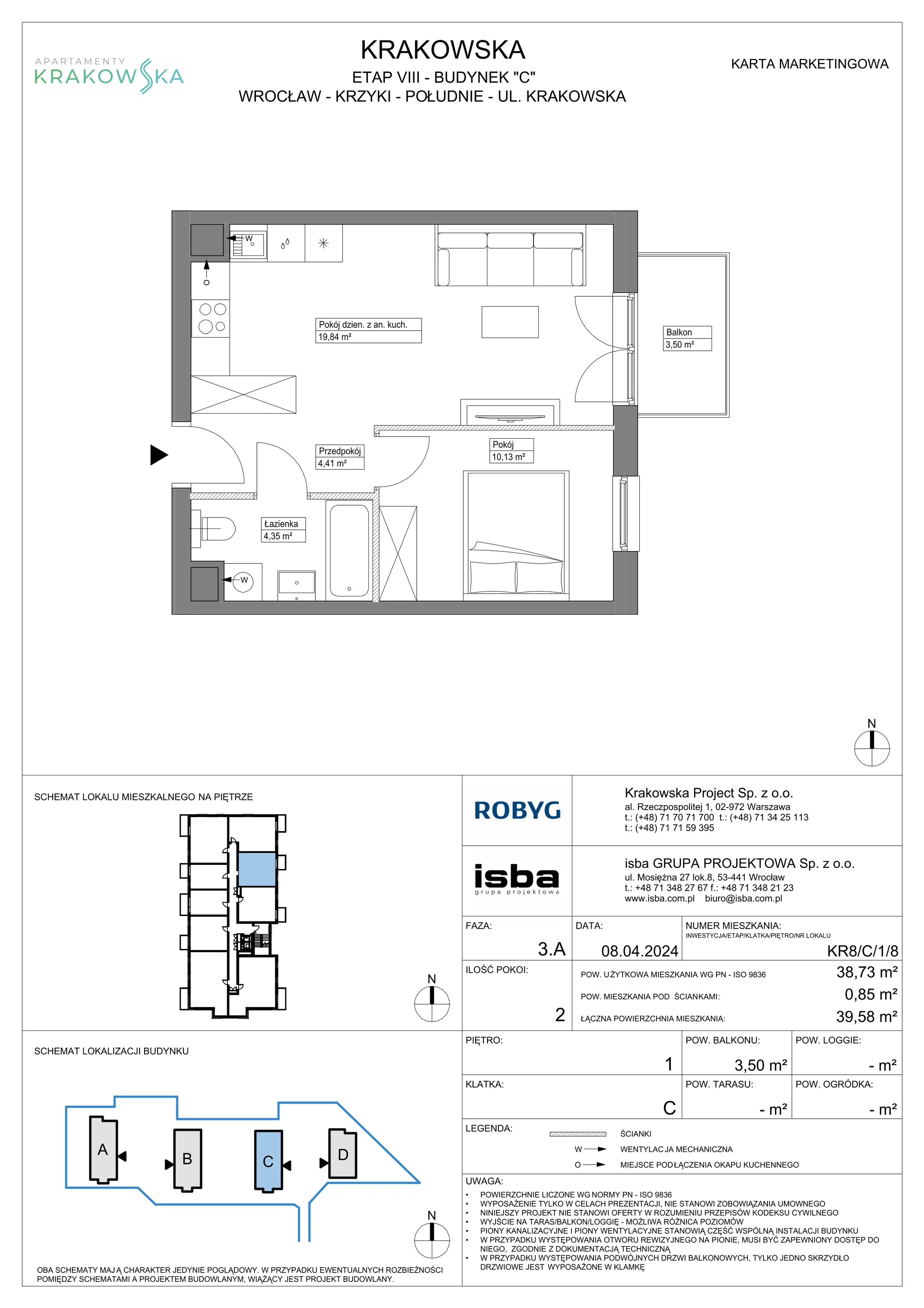 2 pokoje, mieszkanie 38,73 m², piętro 1, oferta nr KR8/C/1/8, Apartamenty Krakowska, Wrocław, Przedmieście Oławskie, Krzyki, ul. Krakowska