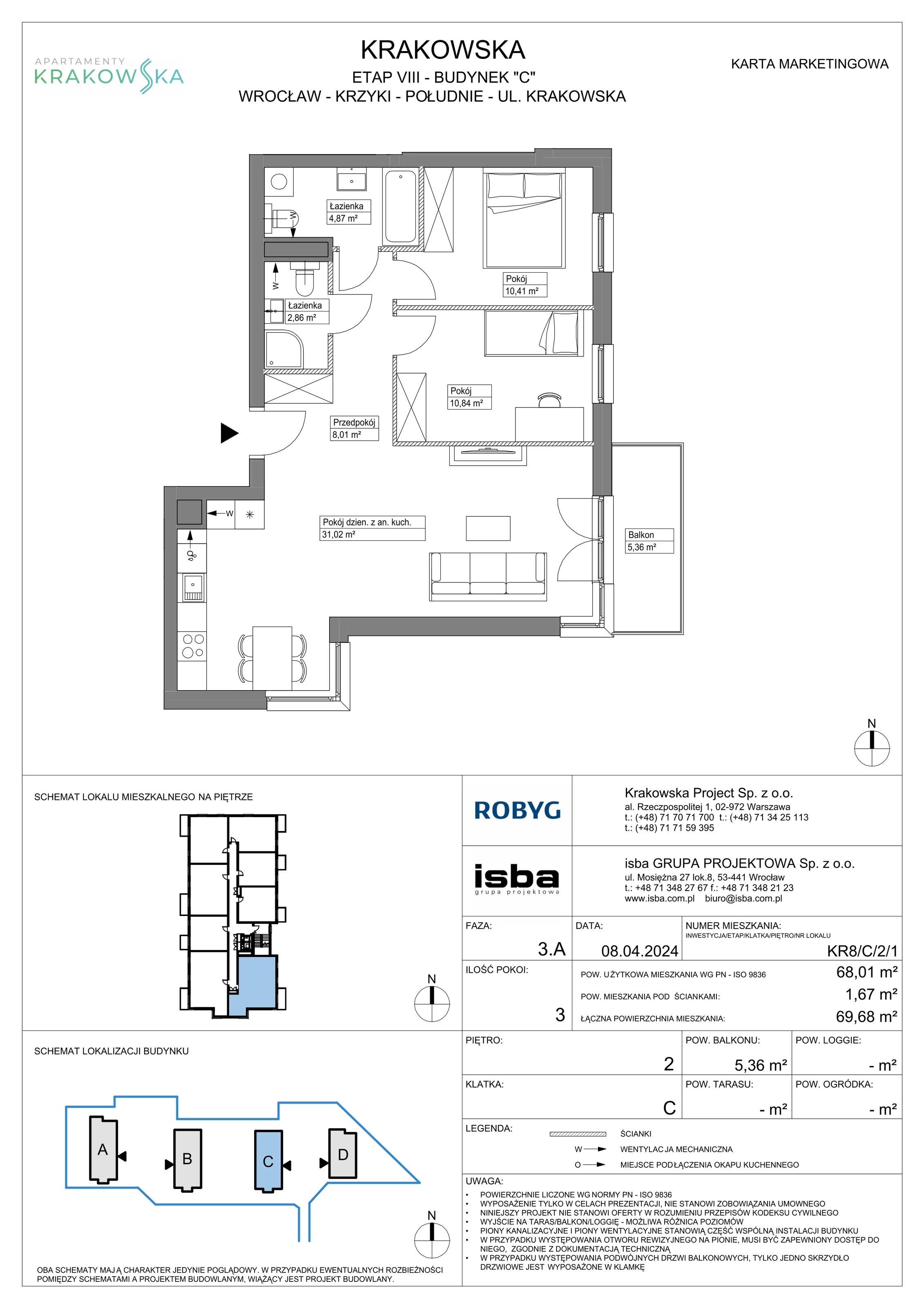 3 pokoje, mieszkanie 68,01 m², piętro 2, oferta nr KR8/C/2/1, Apartamenty Krakowska, Wrocław, Przedmieście Oławskie, Krzyki, ul. Krakowska