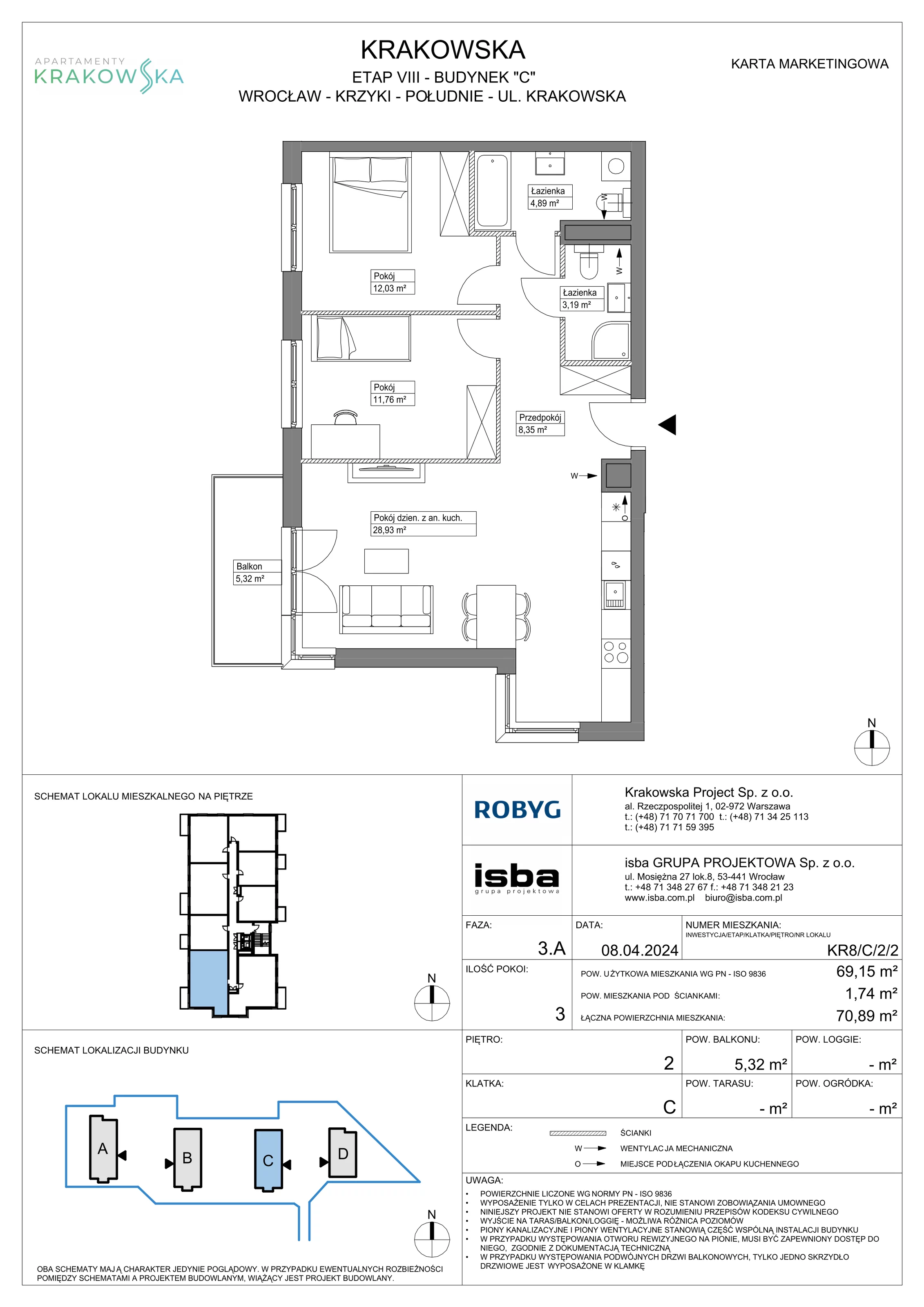 3 pokoje, mieszkanie 69,15 m², piętro 2, oferta nr KR8/C/2/2, Apartamenty Krakowska, Wrocław, Przedmieście Oławskie, Krzyki, ul. Krakowska