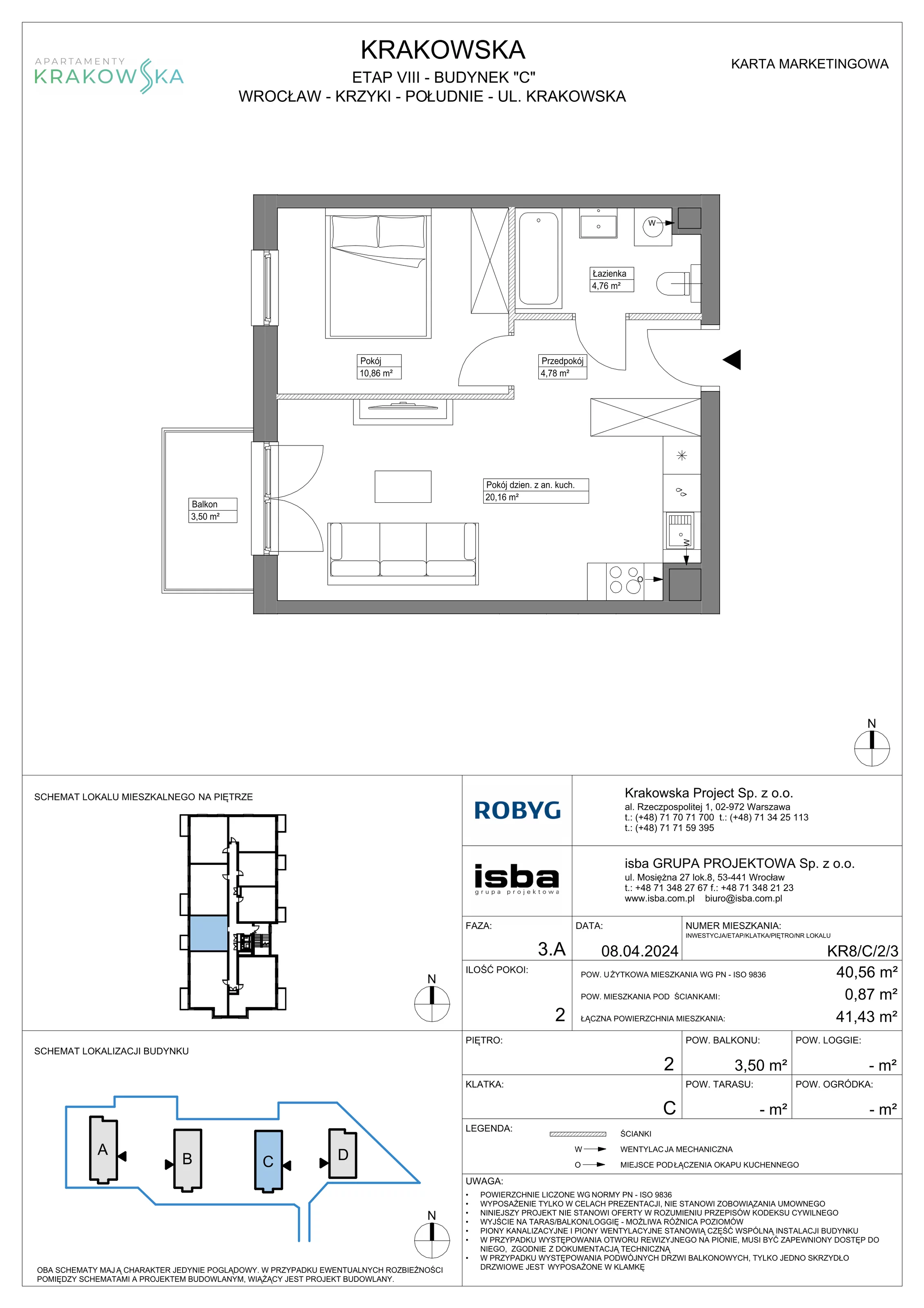 2 pokoje, mieszkanie 40,56 m², piętro 2, oferta nr KR8/C/2/3, Apartamenty Krakowska, Wrocław, Przedmieście Oławskie, Krzyki, ul. Krakowska