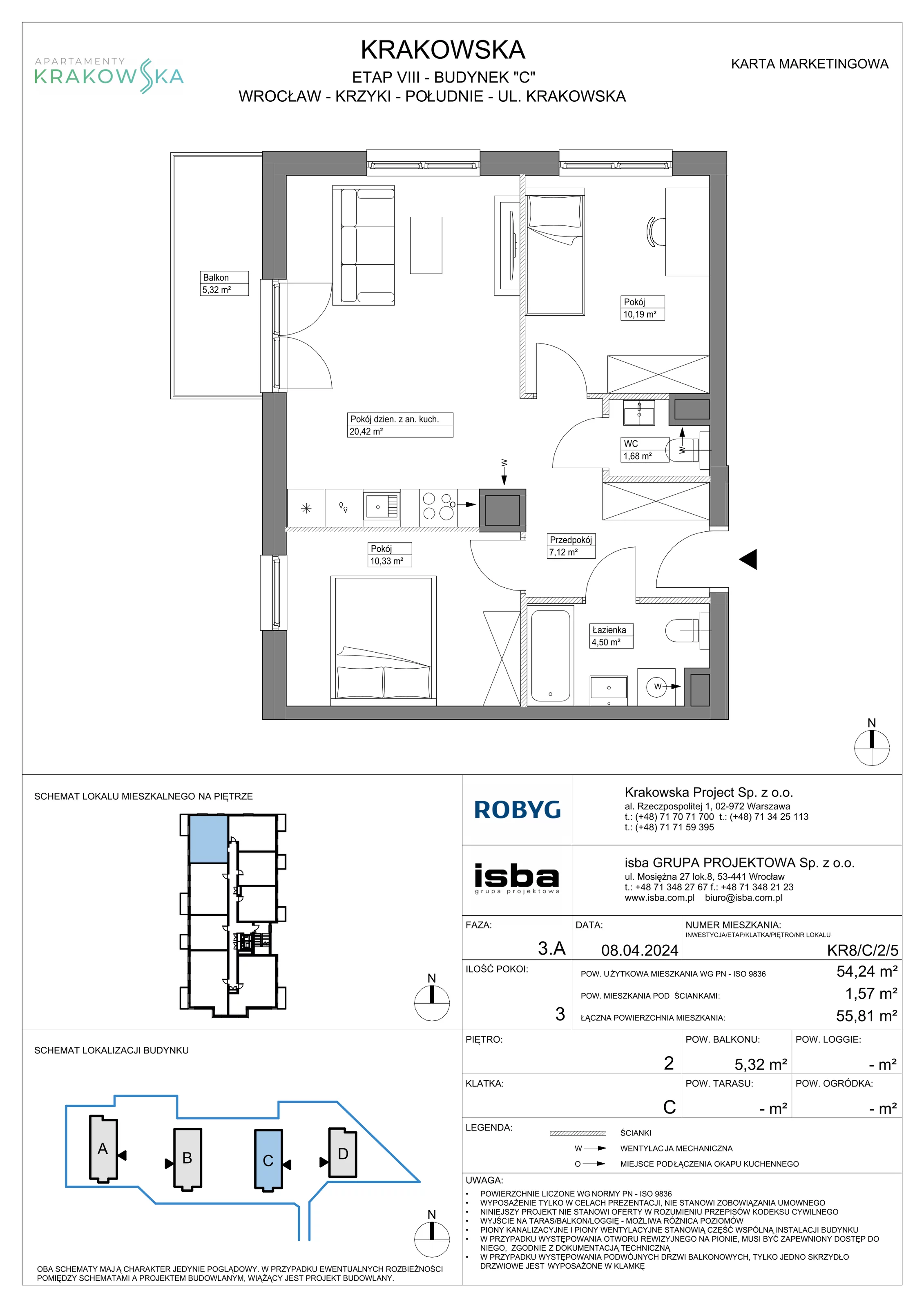 3 pokoje, mieszkanie 54,24 m², piętro 2, oferta nr KR8/C/2/5, Apartamenty Krakowska, Wrocław, Przedmieście Oławskie, Krzyki, ul. Krakowska