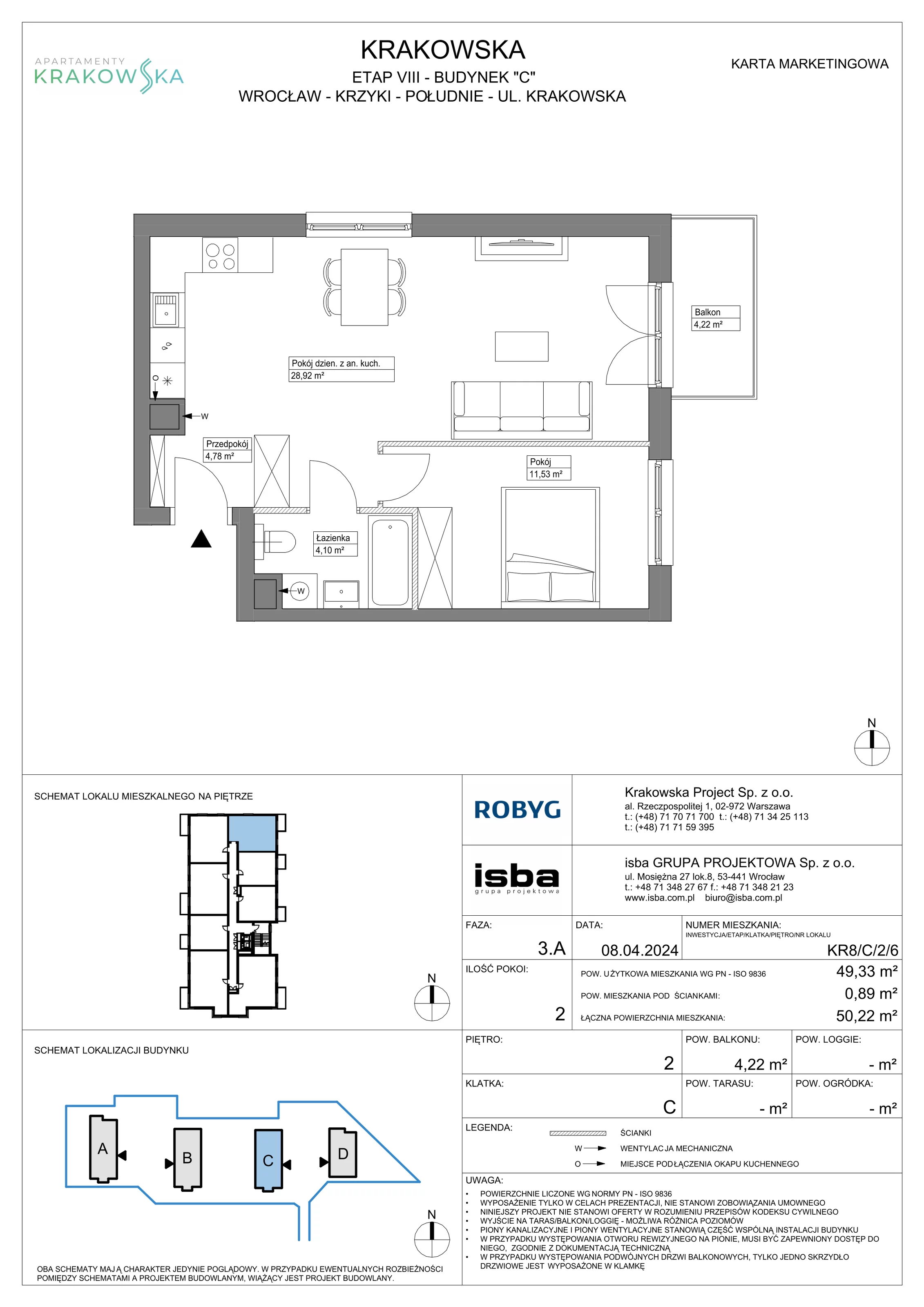 2 pokoje, mieszkanie 49,33 m², piętro 2, oferta nr KR8/C/2/6, Apartamenty Krakowska, Wrocław, Przedmieście Oławskie, Krzyki, ul. Krakowska