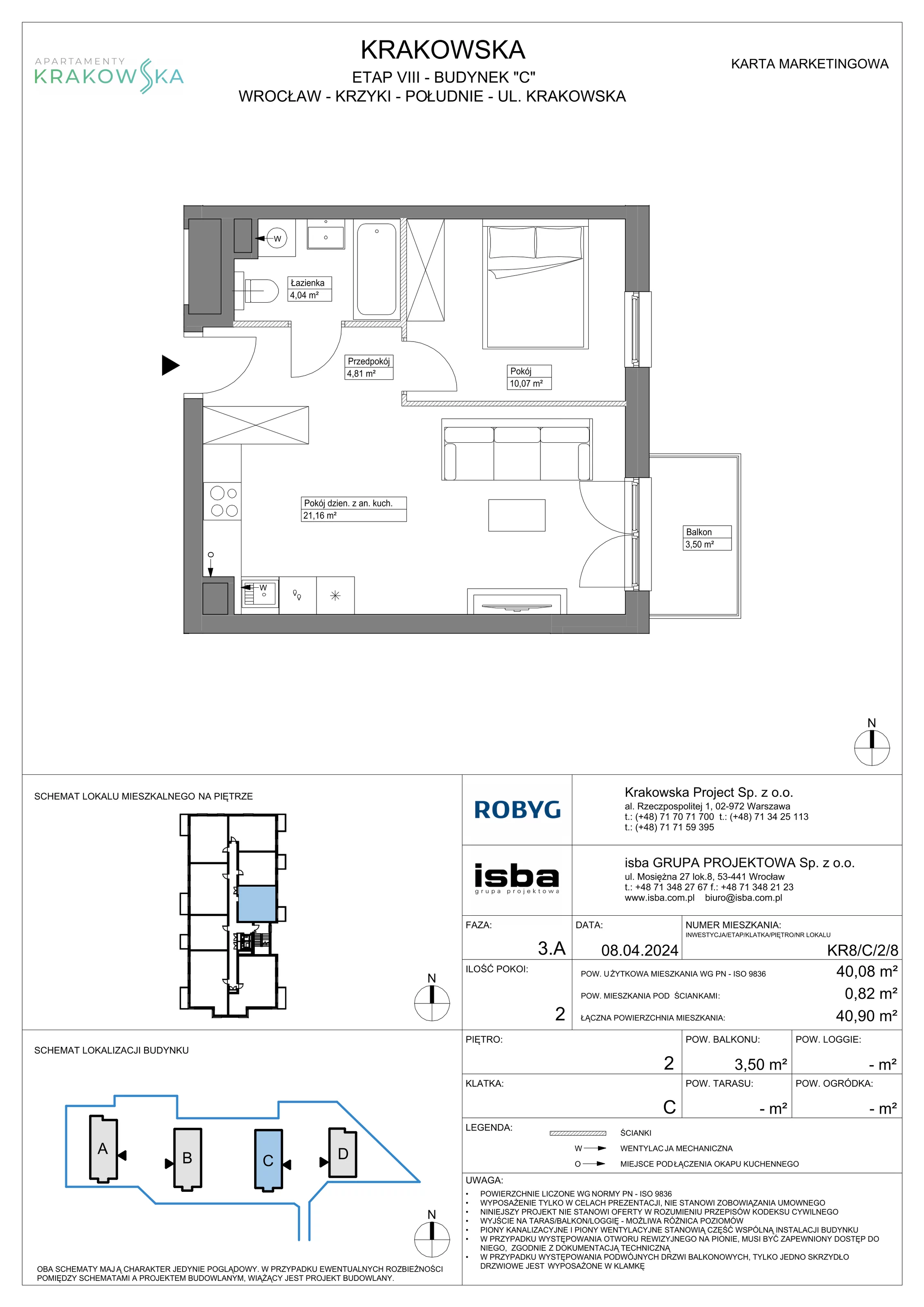 2 pokoje, mieszkanie 40,08 m², piętro 2, oferta nr KR8/C/2/8, Apartamenty Krakowska, Wrocław, Przedmieście Oławskie, Krzyki, ul. Krakowska